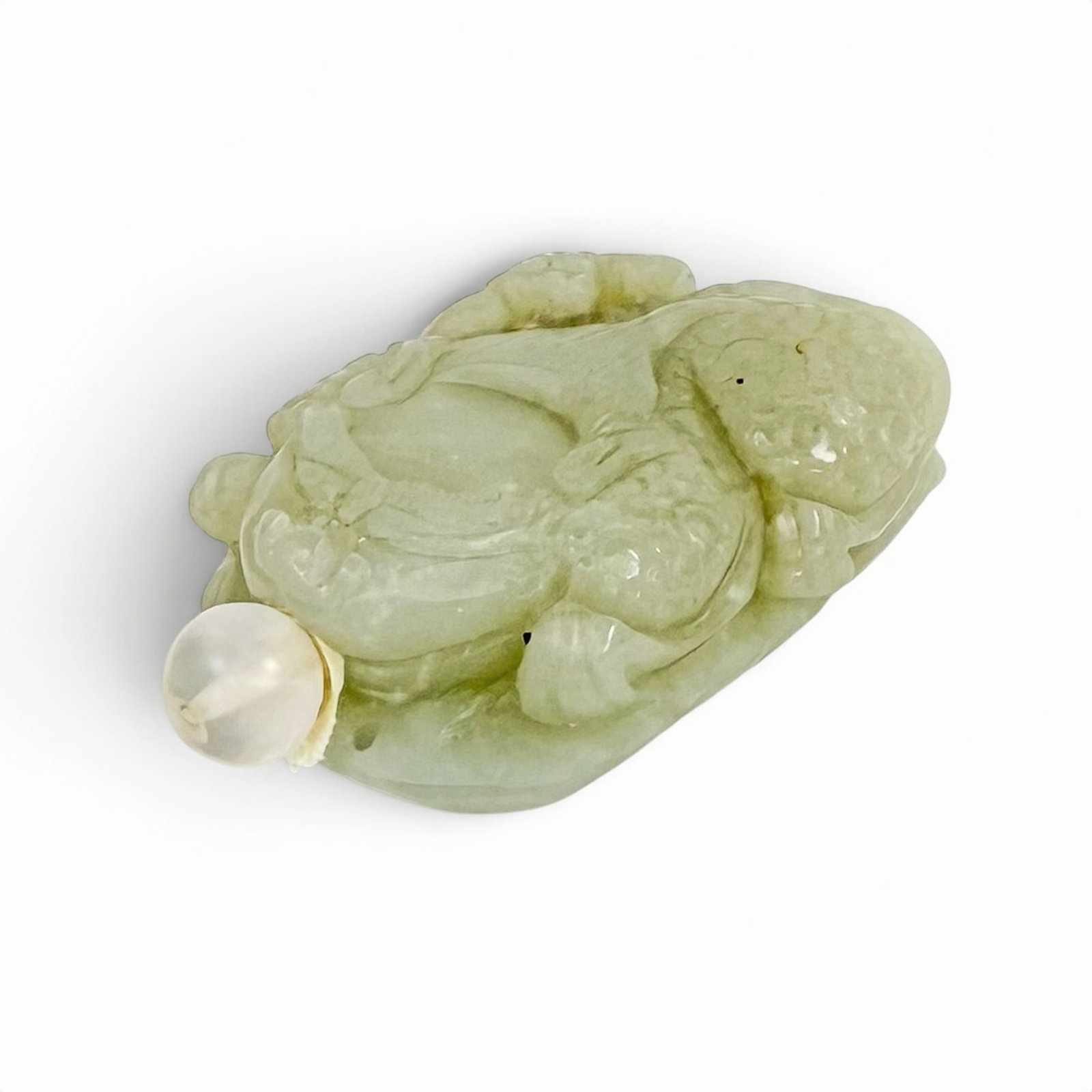 Chinese Carved Jade Frog Snuff Bottle.: It has a small hole near the top, in case you would like to wear it as a pendant. It looks to be in good overall condition. It measures 2 1/4" long (not including the stopper), 1 1/2" wide, and 3/4"