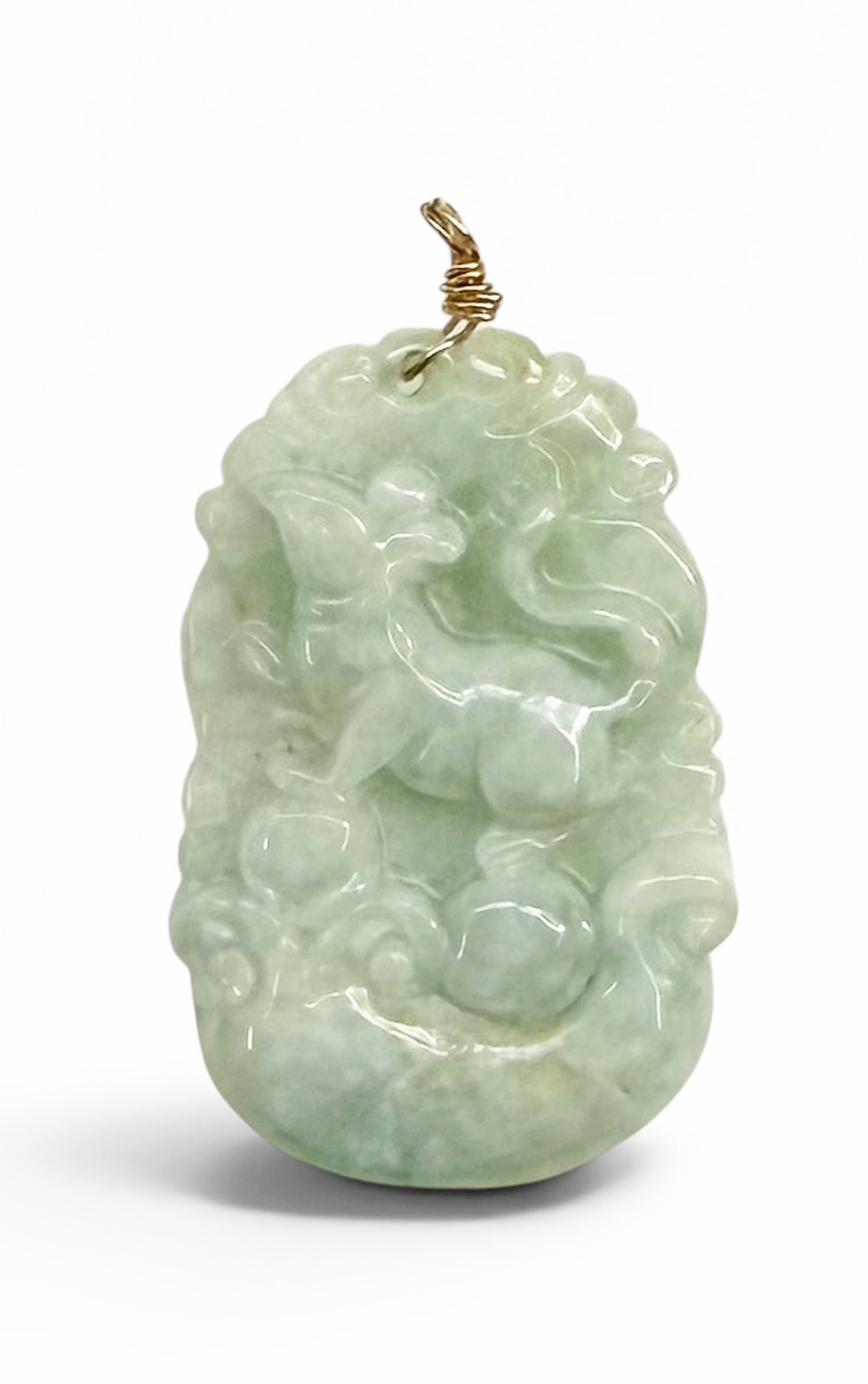 Chinese Carved Jadeite Pendant with Mouse Design.: In Chinese culture, the mouse or rat (both called shu) is a dual symbol of clever resourcefulness and prosperity. The pendant has a metal bale. It looks to be in good overall condition. The pendant