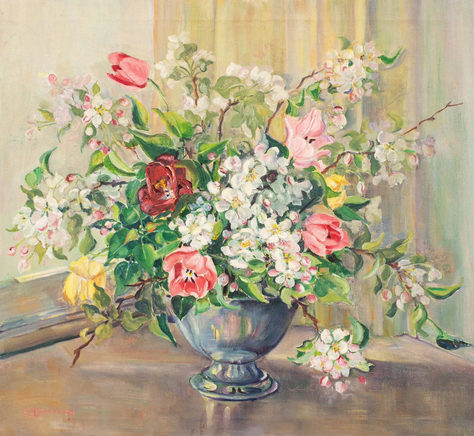 Still Life of Floral Arrangement, E. Downey.: Artist(s): Eileen (?) Downey (20th/21st Century). Medium: OIl painting on canvas. Signature(s): "E. Downey", lower left. Paperwork/Provenance: N/A Condition: Visible stretcher lines and signs of