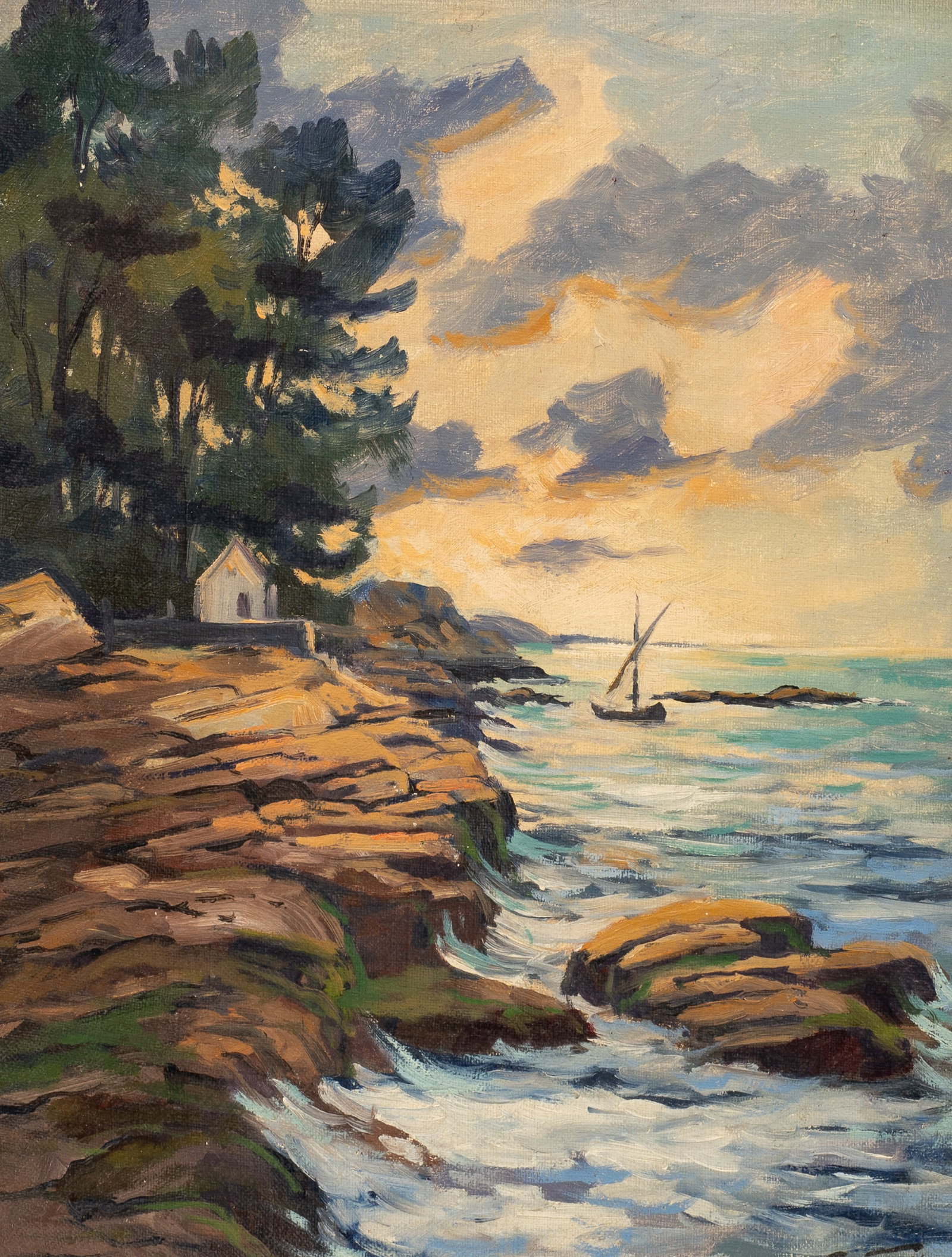 Coastal Landscape Painting, Eric Lundberg.: Artist(s): Eric Lundberg (Swedish, 1918-1992). Medium: Oil painting on canvas backed with masonite. Signature(s): Lower right. Paperwork/Provenance: Van Pelt Art Galleries tag attached en verso.