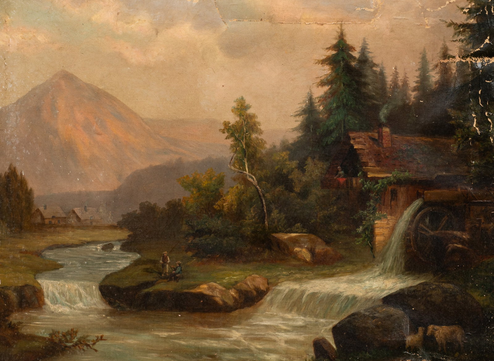 Antique Painting of Riverside Village, Unsigned. (1 of 5)