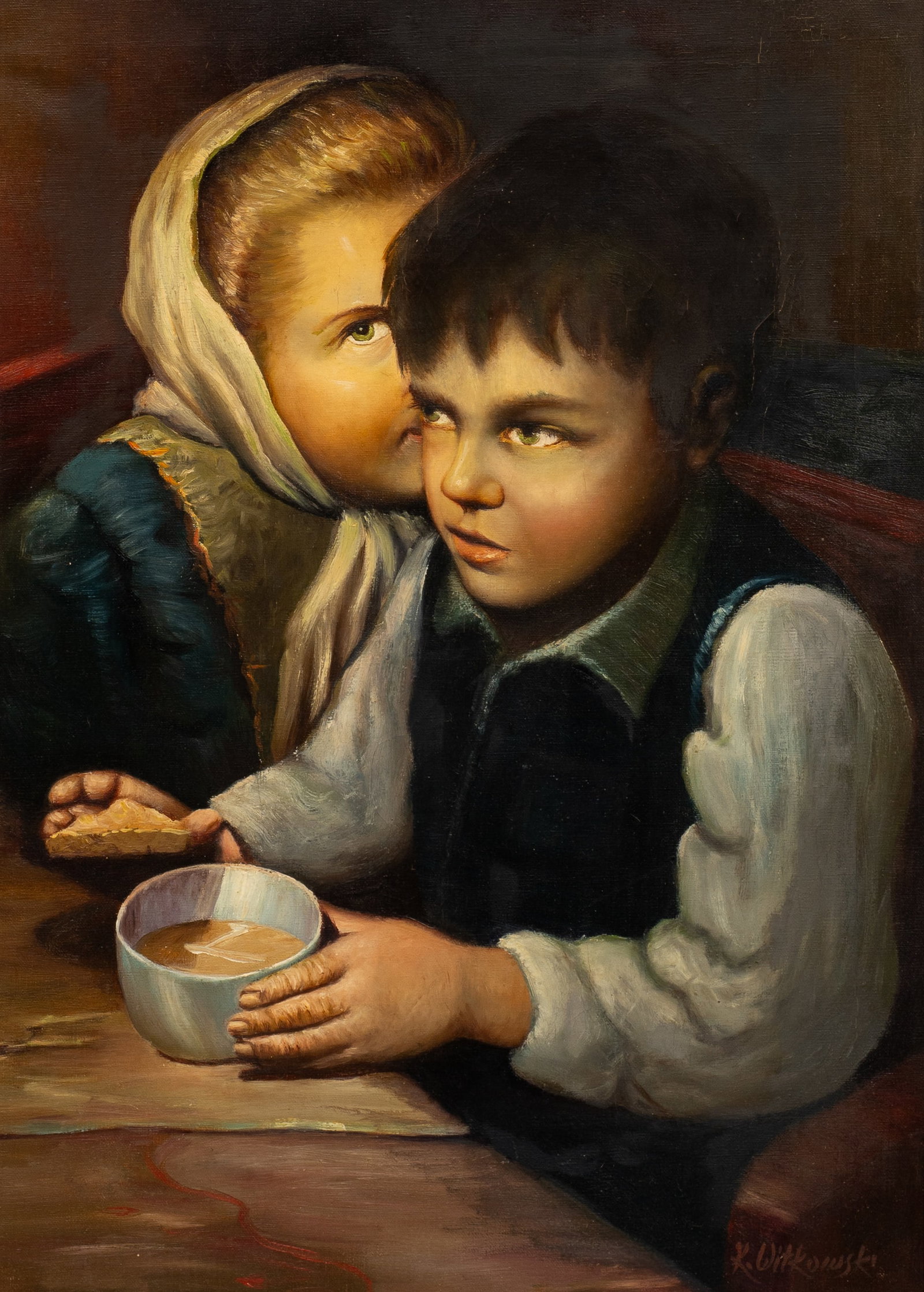Painting of Two Children, Sgd. K. Witkowski.: This lot contains an oil painting on canvas of two children, signed K. Witkowski. Paperwork/Provenance: N/A Condition: Visible stretcher lines, craquelure, and scattered inpainting. Age cracks and gen