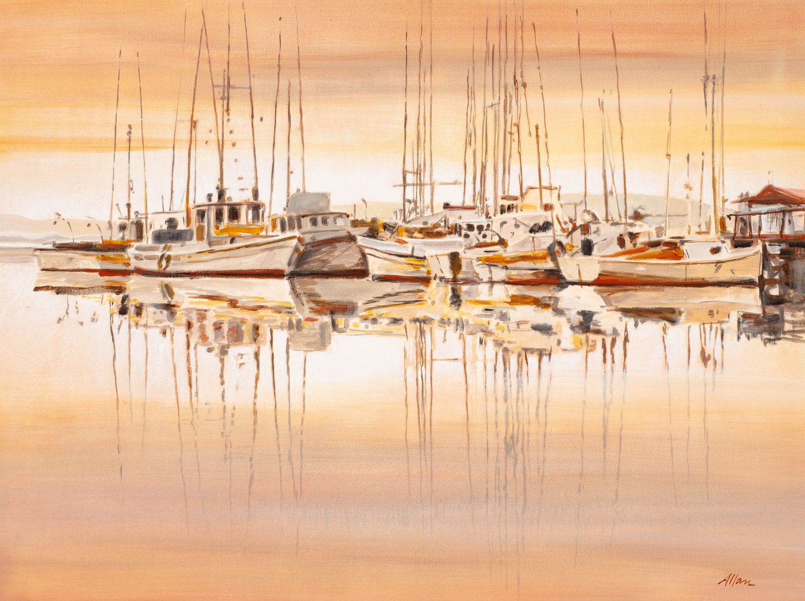 Mid-Century Harbor Scene Painting Sgd. Allan.: Artist(s): Unknown, 20th/21st Century. Medium: Oil painting on canvas. Signature(s): "Allan", lower right. Paperwork/Provenance: Soicher-Marin Inc. label attached en verso. Condition: The painting app