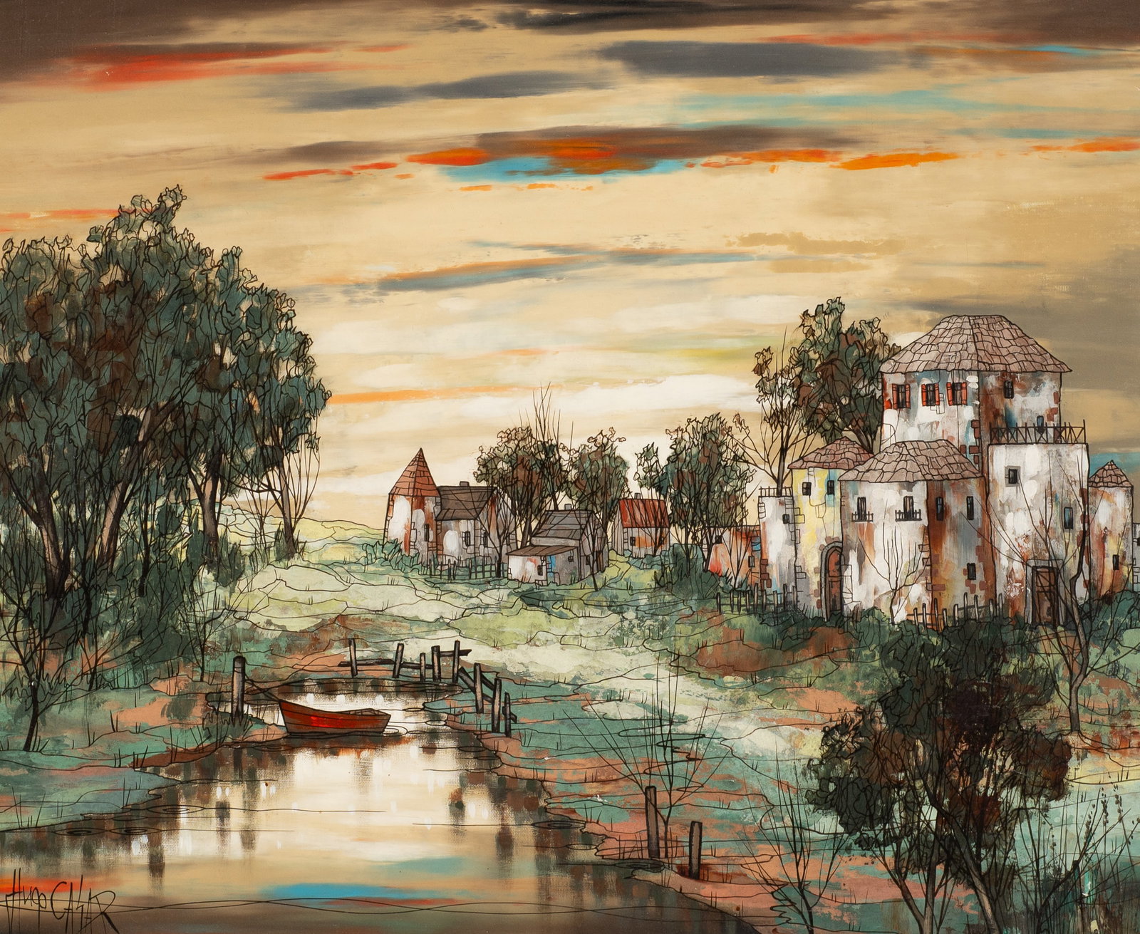 Village by the RIver, Painting by Hugo Casar.: Artist(s): Hugo Casar (1911-1975). Medium: Oil painting on canvas. Signature(s): Lower left. Paperwork/Provenance: N/A Condition: Signs of craquelure and minor surface grime. There is a small area of 