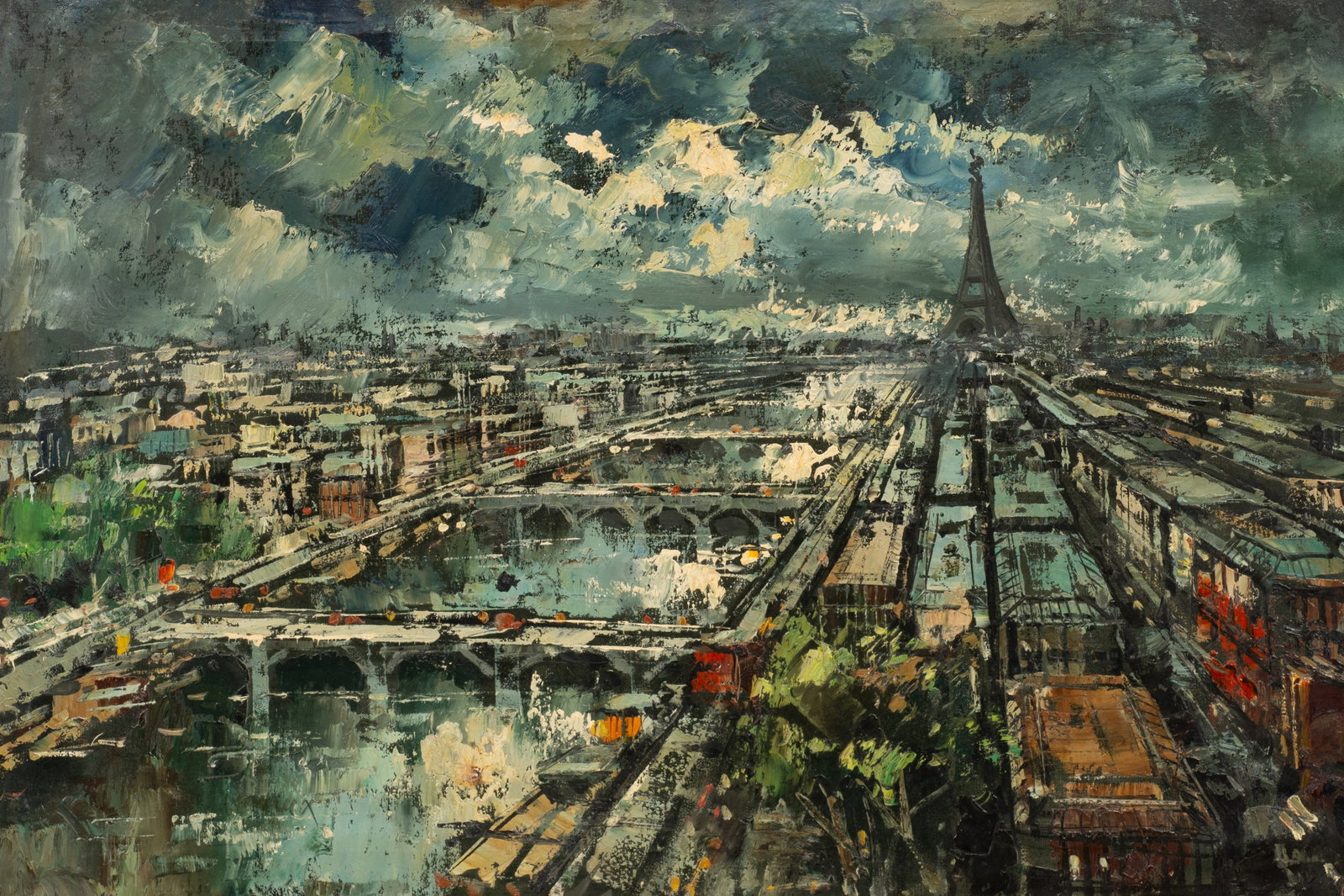 Mid-Century Parisian Street Scene, Signed.: Artist(s): Unknown, 20th century. Medium: Oil painting on canvas. Signature(s): Illegibly, lower left. Paperwork/Provenance: N/A Condition: The canvas shows rippling, has visible stretcher lines, and 