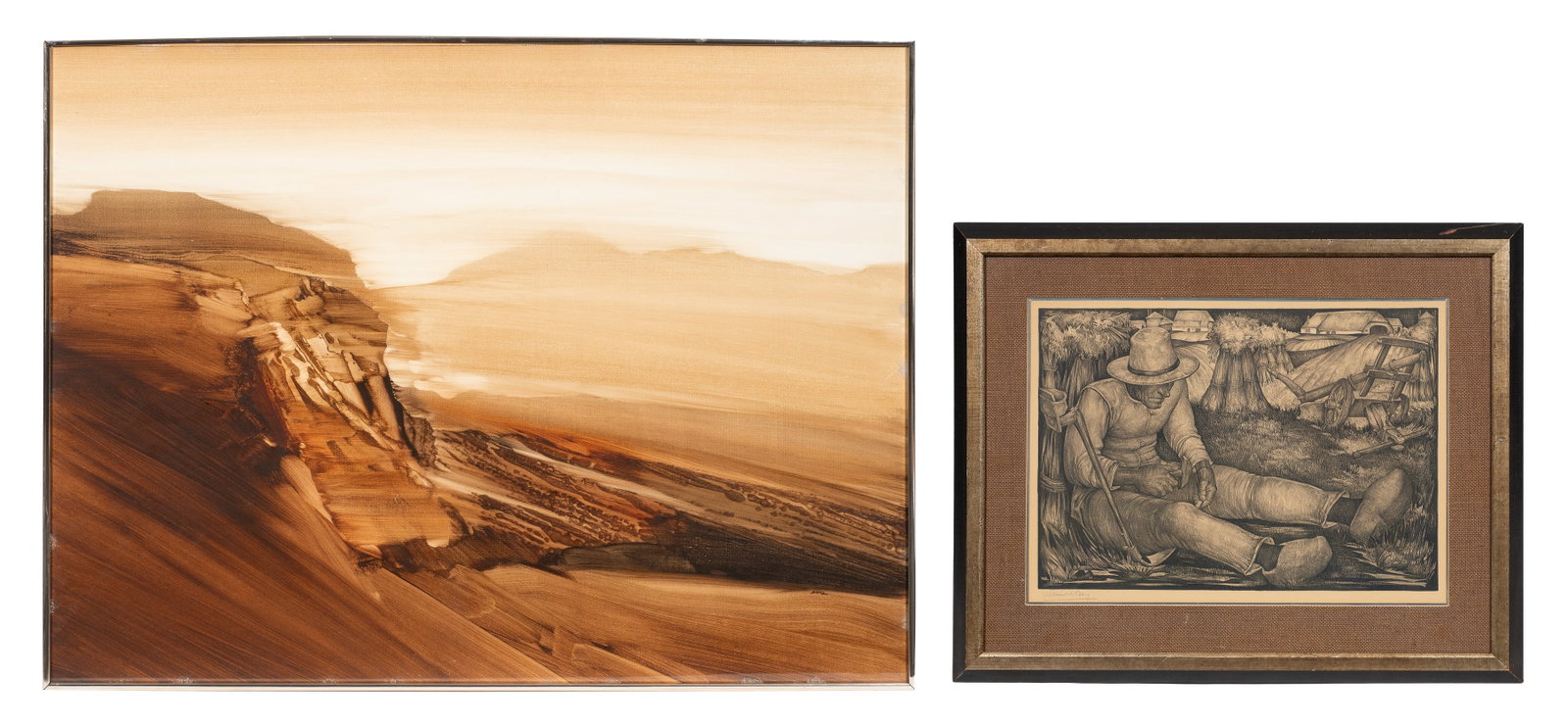 Lot of Two Works - Willem van den Berg & Danz.: This lot contains two works: a pencil signed lithograph of a farmer in a field by Willem van den Berg, and a large abstract lithograph of a desert landscape signed "Danz". Paperwork/Provenance: N/A Co