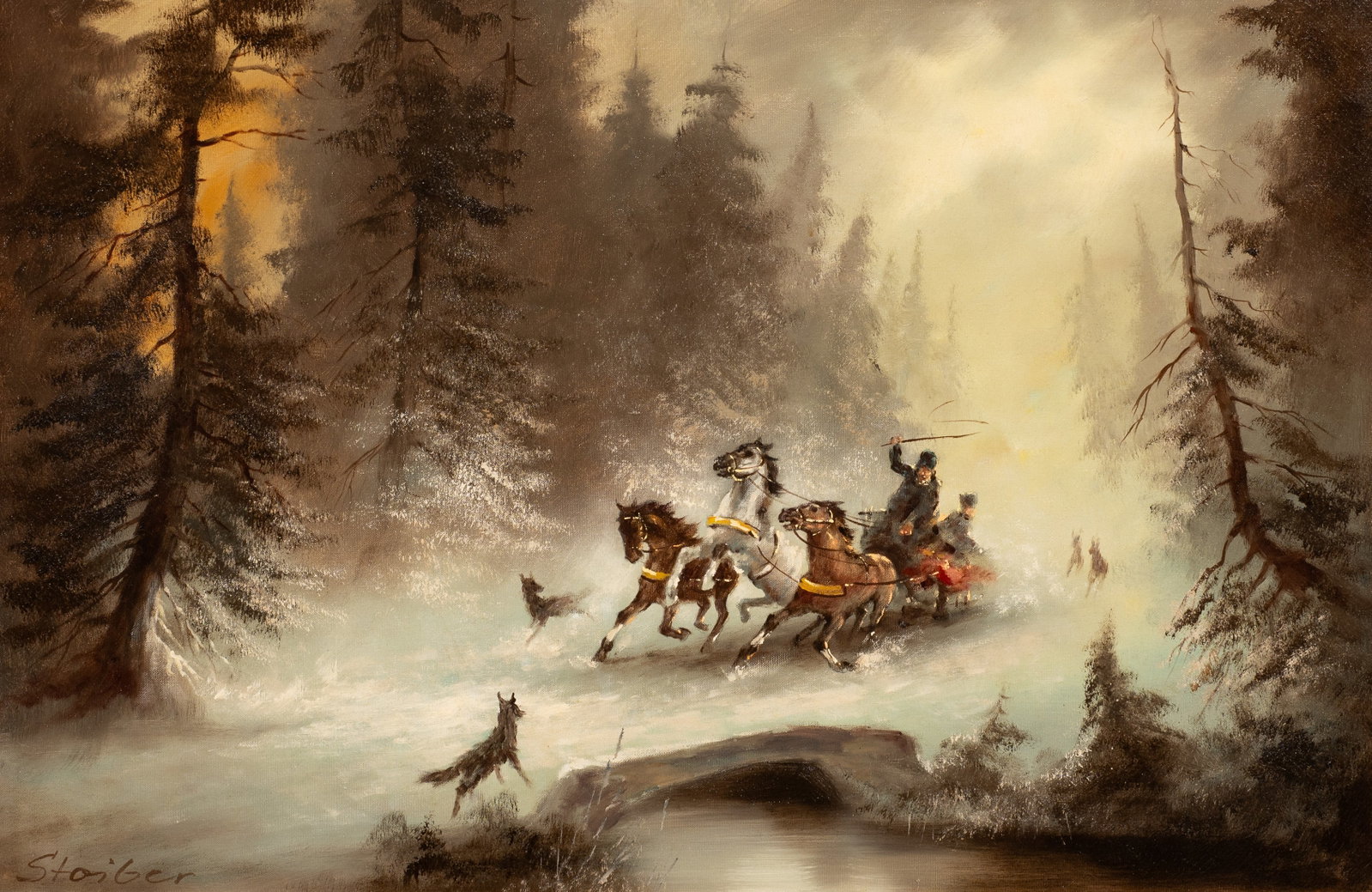 Horse Drawn Carriage in Winter, Sgd. Stoiber.: Artist(s): Unknown, 20th century Medium: Oil painting on canvas. Signature(s): "Stoiber", lower left. Paperwork/Provenance: N/A Condition: The painting is in good overall condition. The frame has a