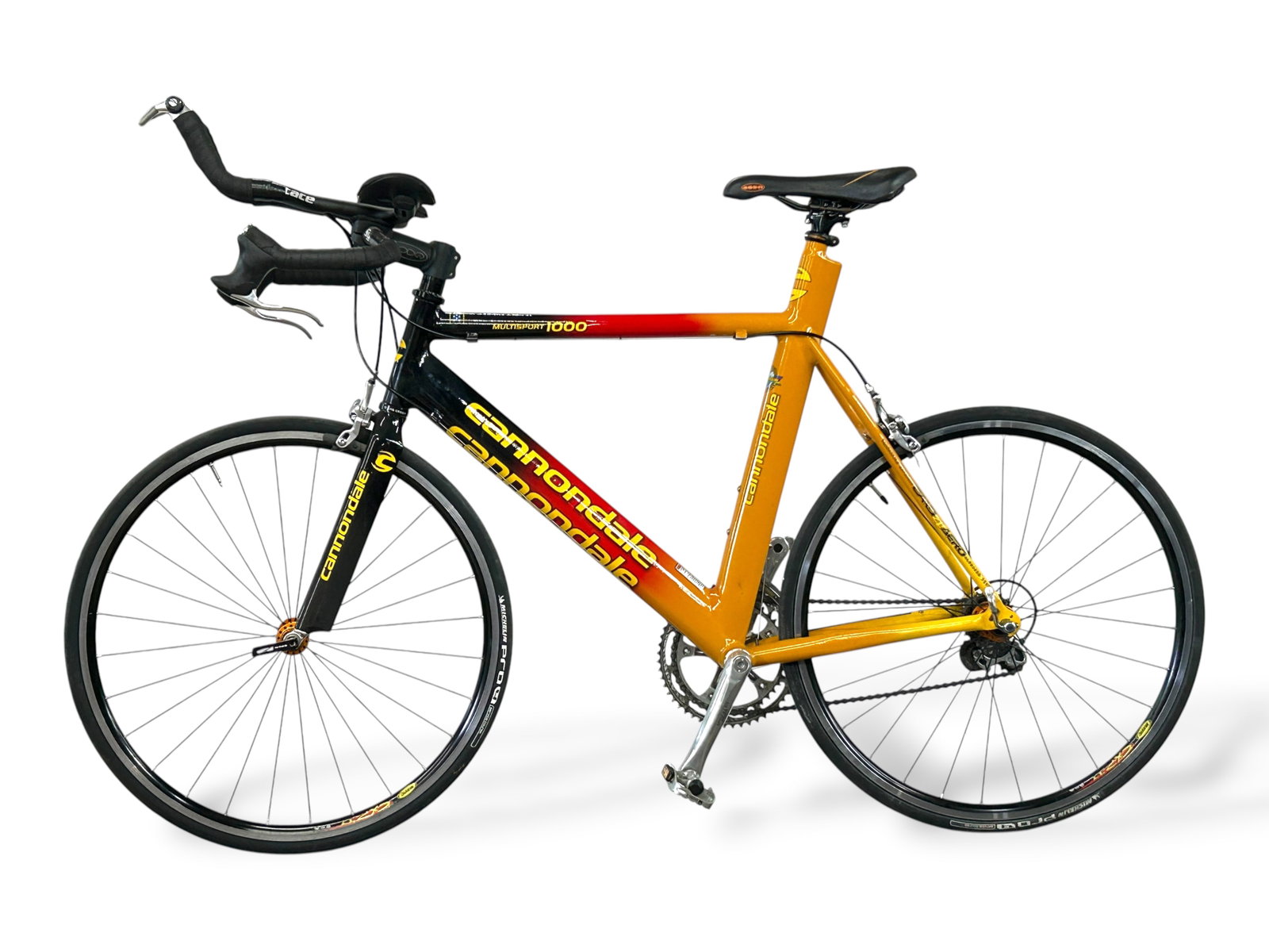 Cannondale Multisport 1000 Triathlon Road Bicycle.: The vintage American made bicycle features a lightweight TIG-welded aluminum frame and Shimano components. The frame measures approximately 25" long. The wheels measure 23" in diameter, and have Miche