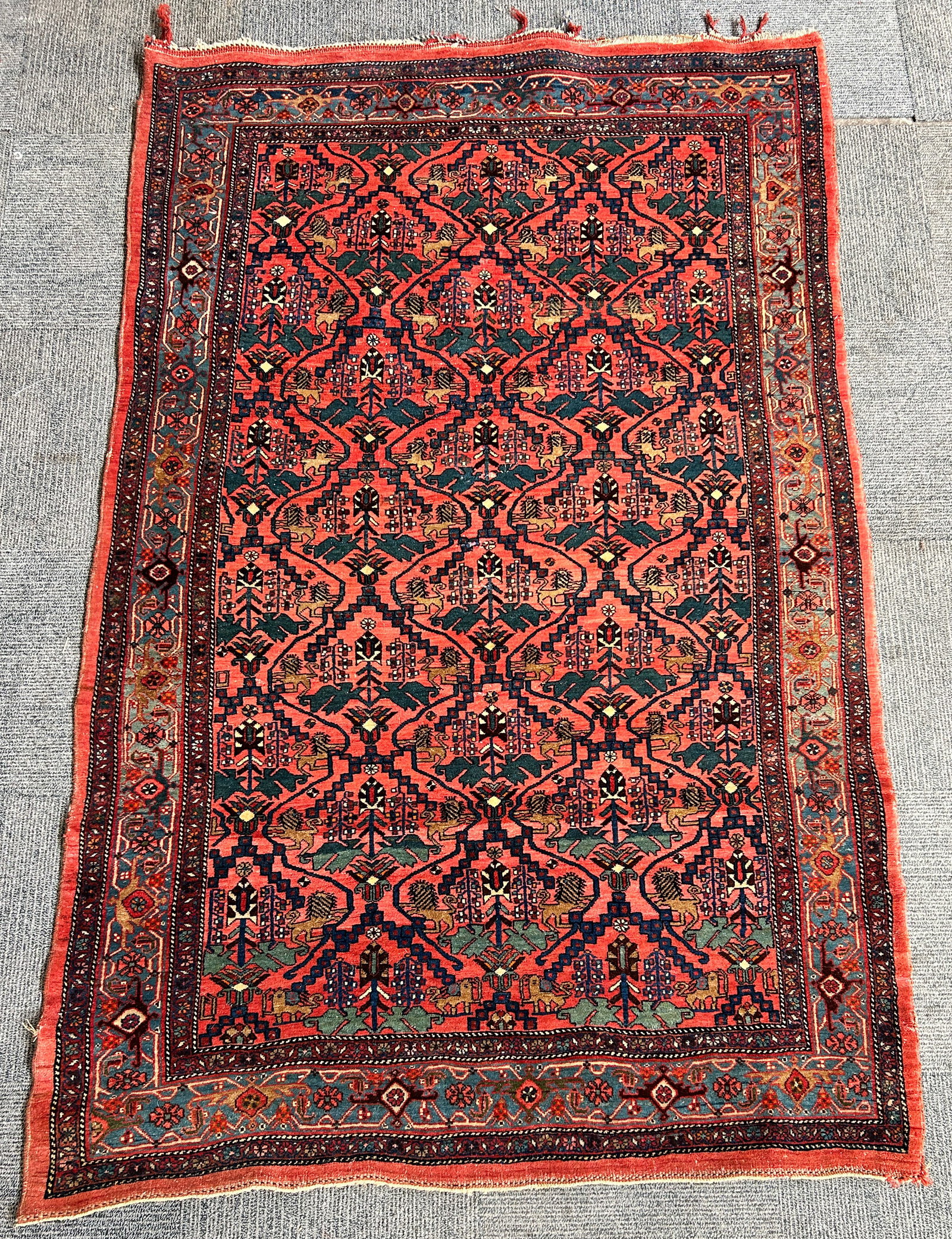 4' 7" x 7' 3" Rare Antique Bidjar Rug w/ Lions..: This circa 1880's rug has fraying on one end, but looks to be in good overall condition. In-house shipping is available. To receive the best shipping rate on this item, please check the "Self