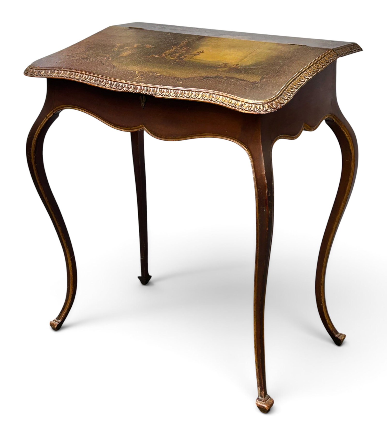 French Louis XV Style Painted Lift-Top Work Table.: The antique piece was often used as a sewing table, a vanity, or a writing desk. The piece features cabriole legs, an ornate carved top trim, gilded details, and a hand painted figural scene on the
