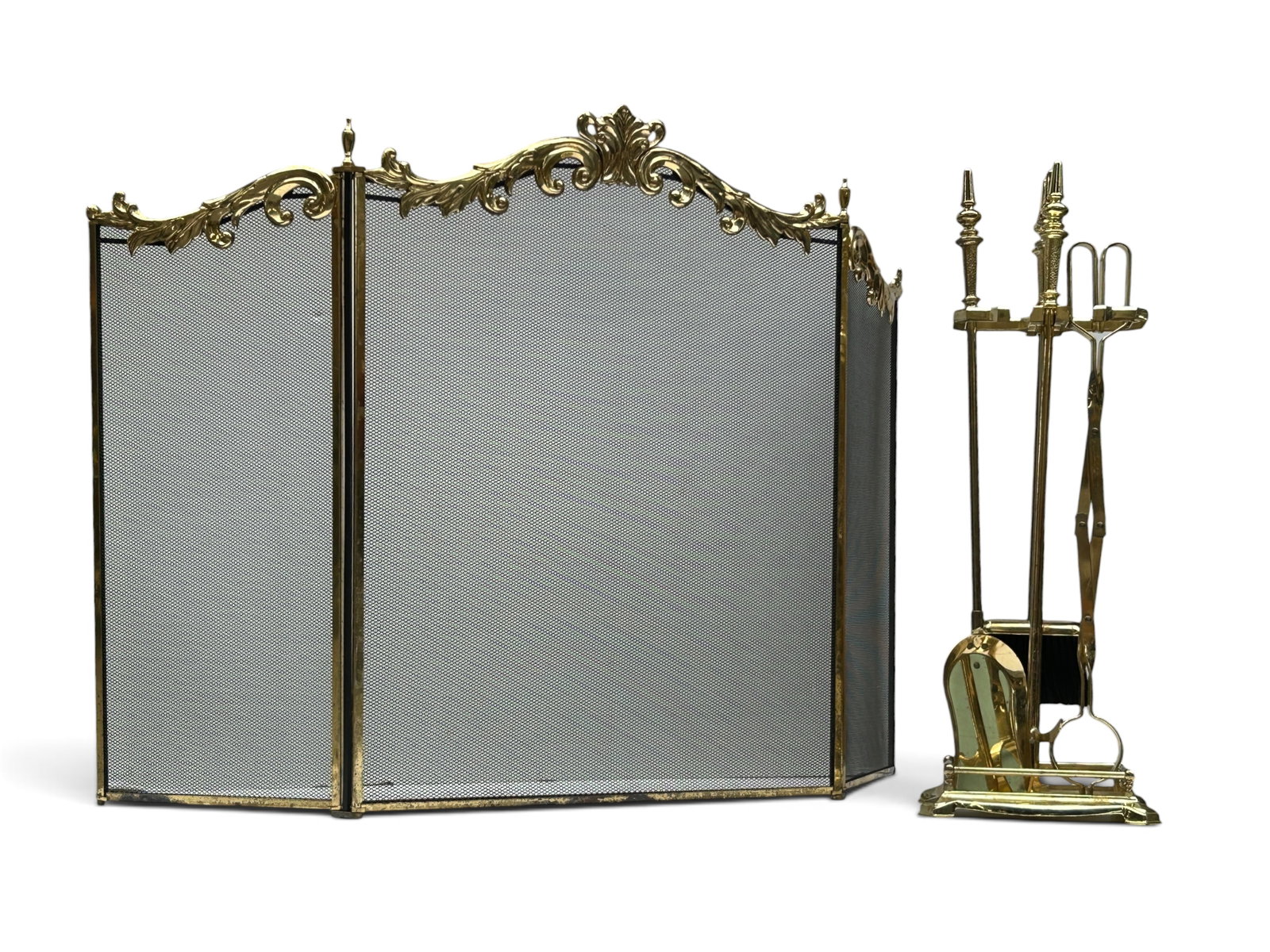 Ornate Brass Fireplace Screen & Tool Set. (1 of 16)