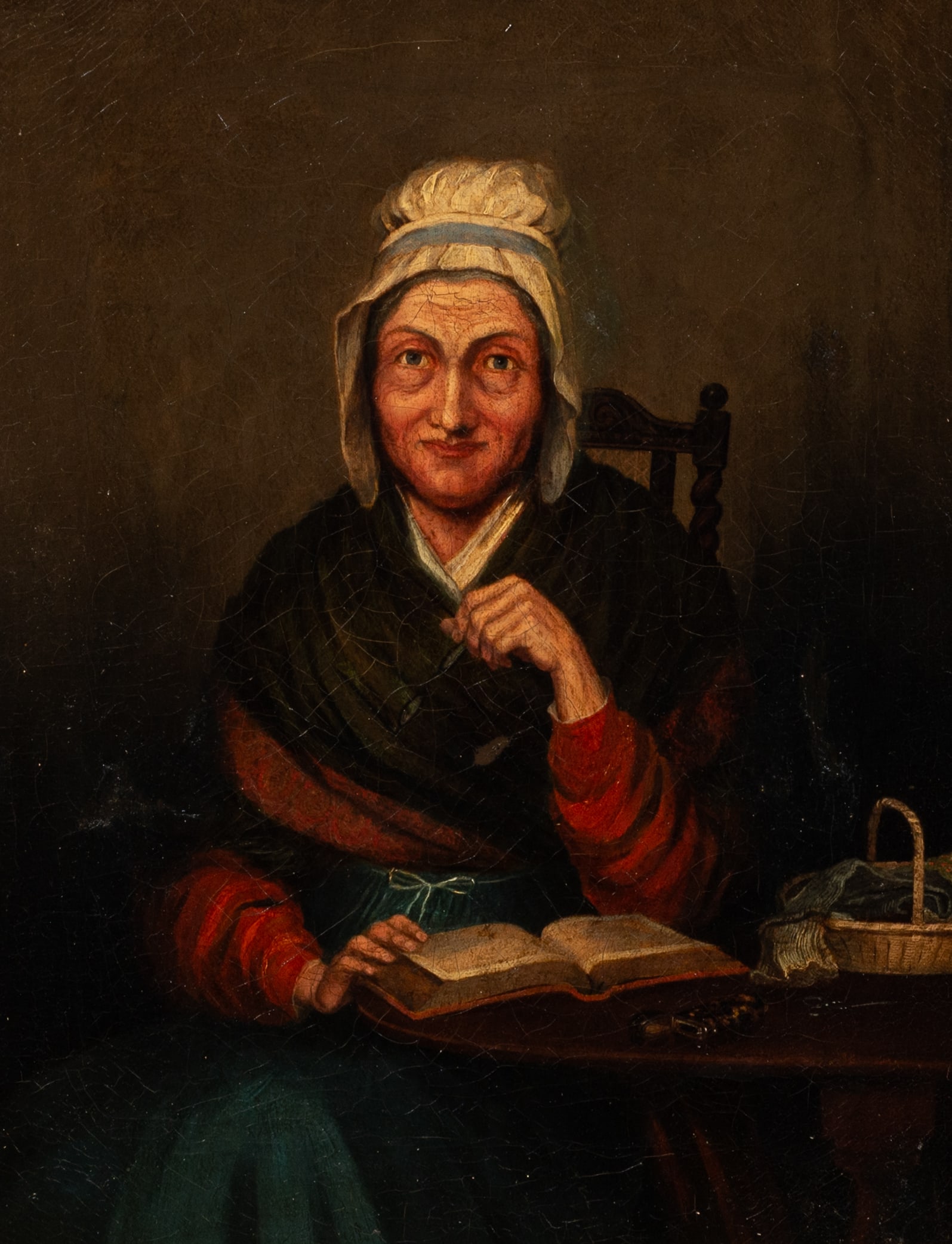 Antique Portrait of an Older Woman, Unsigned.: Artist(s): Unknown, ca. 19th/20th century. Medium: Oil painting on canvas. Signature(s): Unsigned. Paperwork/Provenance: N/A Condition: Surface grime, craquelure, scattered patches, and inpainting.