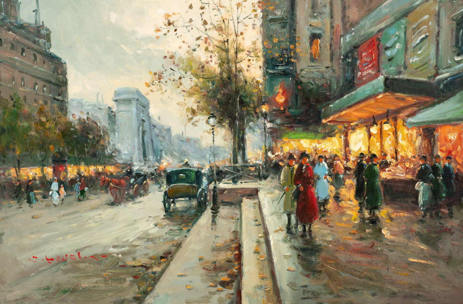 French Impressionist Street Scene, Signed.: Artist(s): Unknown, 20th/21st century. Medium: Oil painting on canvas. Signature(s): Illegibly, lower left. Paperwork/Provenance: N/A Condition: The painting is in good overall condition, with no visi