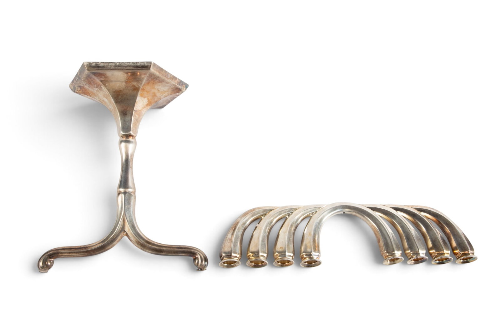 Weighted Sterling Menorah, Broken In Two.: The unweighted portion weighs 9.34 Troy Ounces. It measures 13" x 3 1/8" x 1". The weighted portion measures 7 7/8" x 6 1/4" x 9 1/8". In-house shipping is available. To receive the best shipping