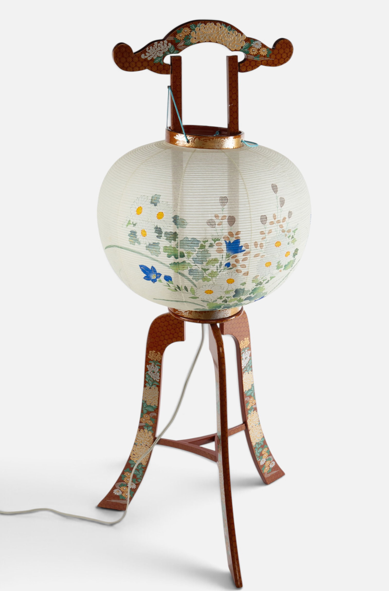 Painted Asian Lantern Lamp w/ Lacquered Base.: One of the tripod legs is loose, but overall, the lamp looks to be in good cosmetic condition. It measures 15 1/2" x 15 1/2" x 38". In-house shipping is available. To receive the best shipping rate on