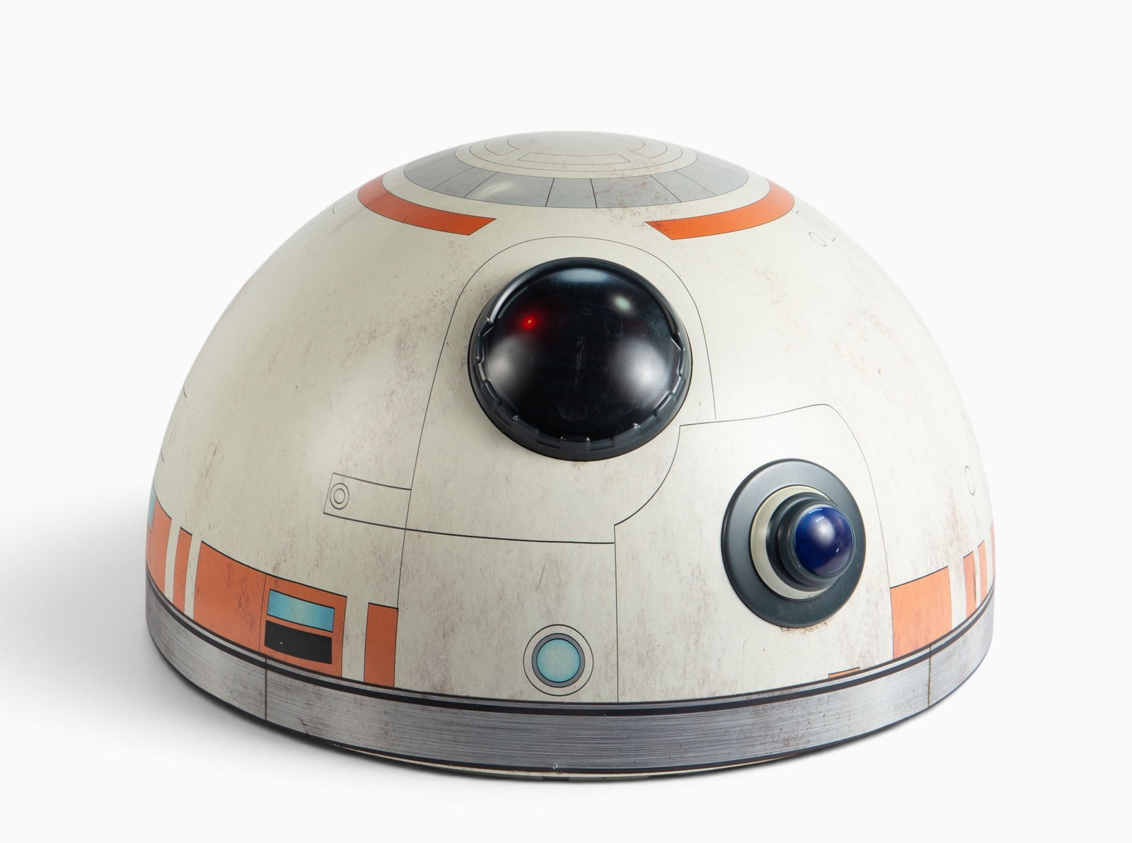 Star Wars BB-8 Retail Display Head, 2016.: The oversized hollow plastic dome head was manufactured for Walmart stores to promote the DVD and Blu-ray release of "Star Wars: The Force Awakens" in 2016. The piece measures 17" tall and 27" in maxi