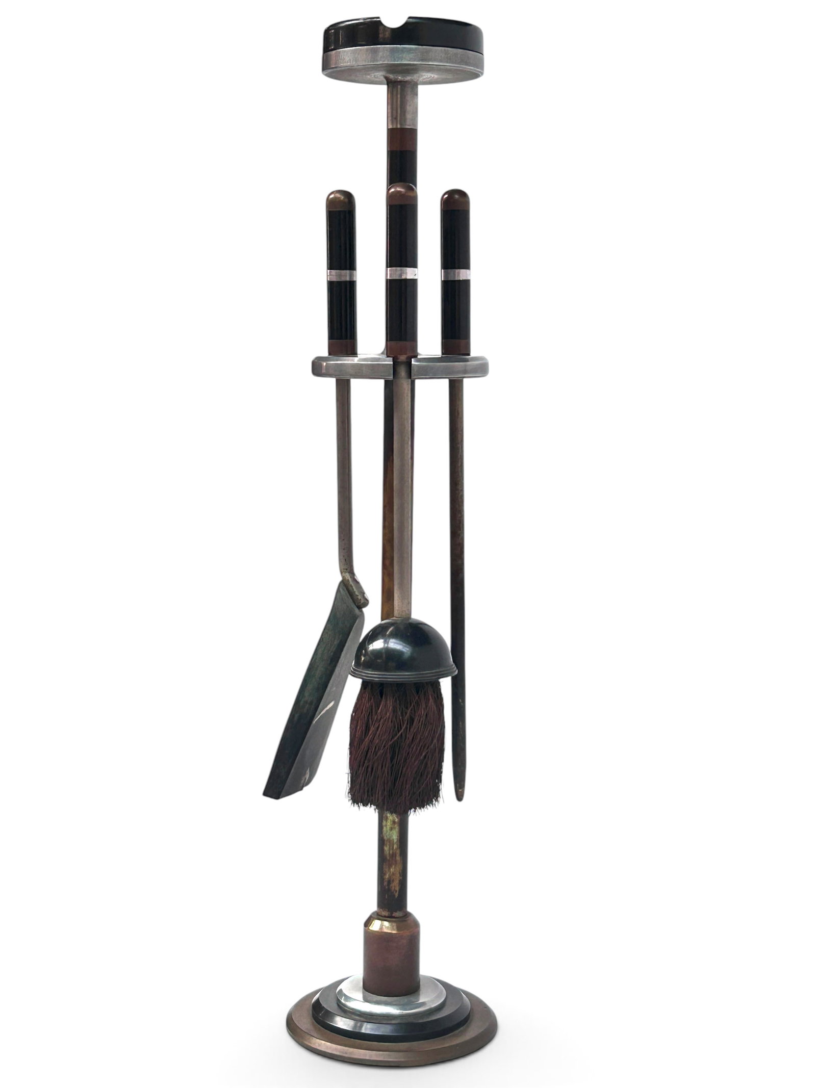 Art Deco Ashstand & Fireplace Tool Combination.: The unique Art Deco / Mid Century style piece features silver toned metal, black plastic or bakelite, and bronze details. It holds three fireplace tools, and has a 3-notch ashtray on top. It measures 