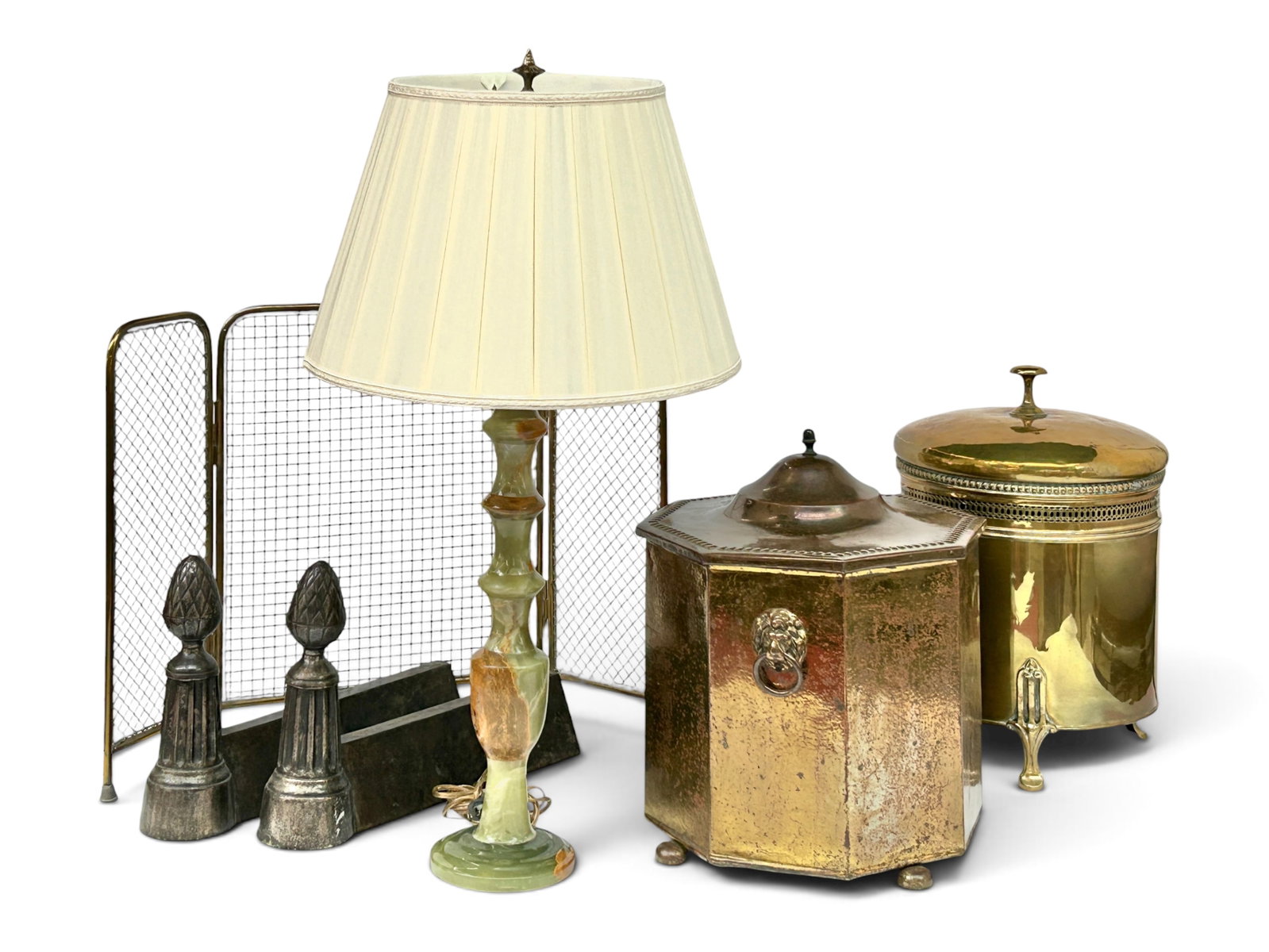 Green Onyx Table Lamp & Fireplace Items.: The items look to be in nice cosmetic condition. The lamp measures 5 3/8" x 5 3/8" x 31 1/4". Its shade measures 16 3/8" x 16 3/8" x 13". Third Party Freight Shipping is Required. For the best long