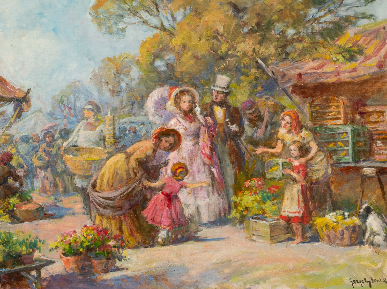Market Scene Painting, Imre Gergely.: Artist(s): Imre Gergely (Hungarian, 1868-1914). Medium: Oil painting on canvas, backed with board. Signature(s): Lower right. Paperwork/Provenance: N/A Condition: Signs of craquelure and scattered wat