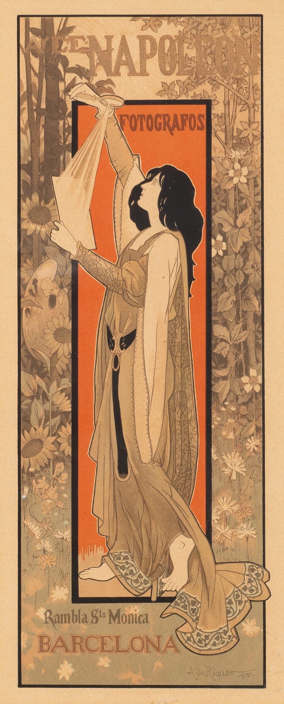 Napoleon Fotografos, Alejandro de Riquer Poster.: Alejandro de Riquer (Spanish, 1856-1920). Modernisme lithographic poster in colors, advertising a photography studio in Barcelona. Paperwork/Provenance: N/A Condition: Toning and mat burn is present. 