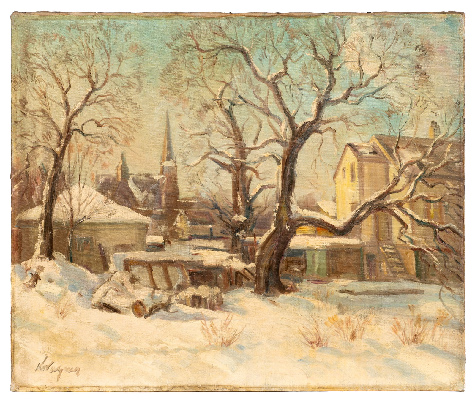 Painting of Village in the Winter, K. Wagner.: Artist(s): Unknown, 20th century. Medium: Oil painting on canvas. Signature(s): "K. Wagner", lower left. Paperwork/Provenance: N/A Condition: Unframed. Surface grime, craquelure, and visible stretcher