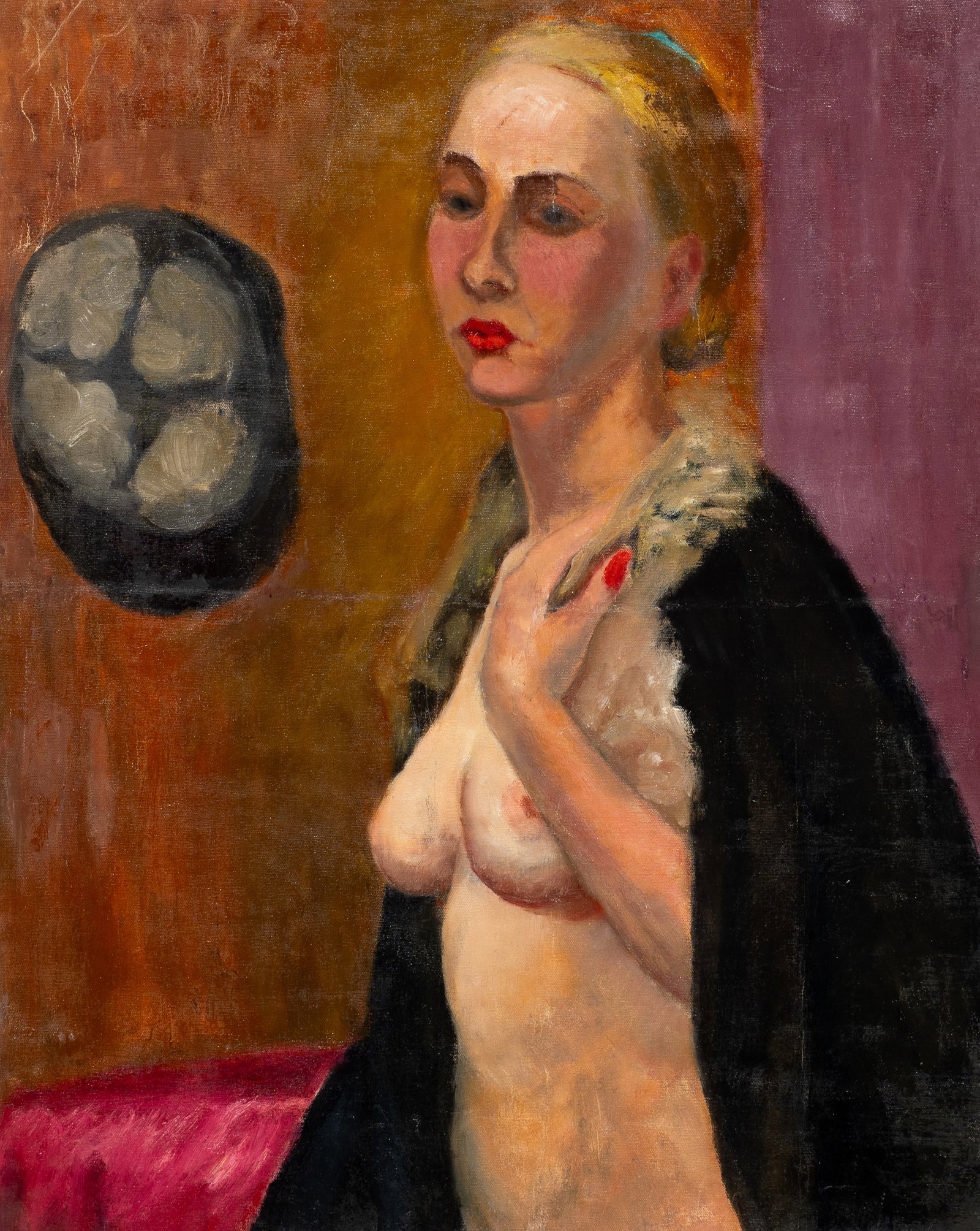 Painting of Nude Woman, Unsigned.: Artist(s): Unknown, 20th century. Medium: Oil painting on canvas. Signature(s): Unsigned. Paperwork/Provenance: N/A Condition: Possibly stored folded, and has related creases. Scattered dents,