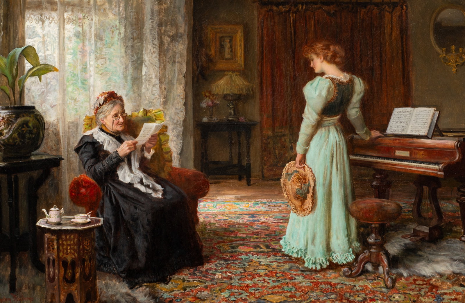 Figural Interior Scene, Francis Sydney Muschamp.: Artist(s): Francis Sydney Muschamp (English, 1851-1929). Medium: Oil painting on canvas. Signature(s): "Sydney Muschamp", lower left. Paperwork/Provenance: N/A Condition: Has been trimmed slightly, an