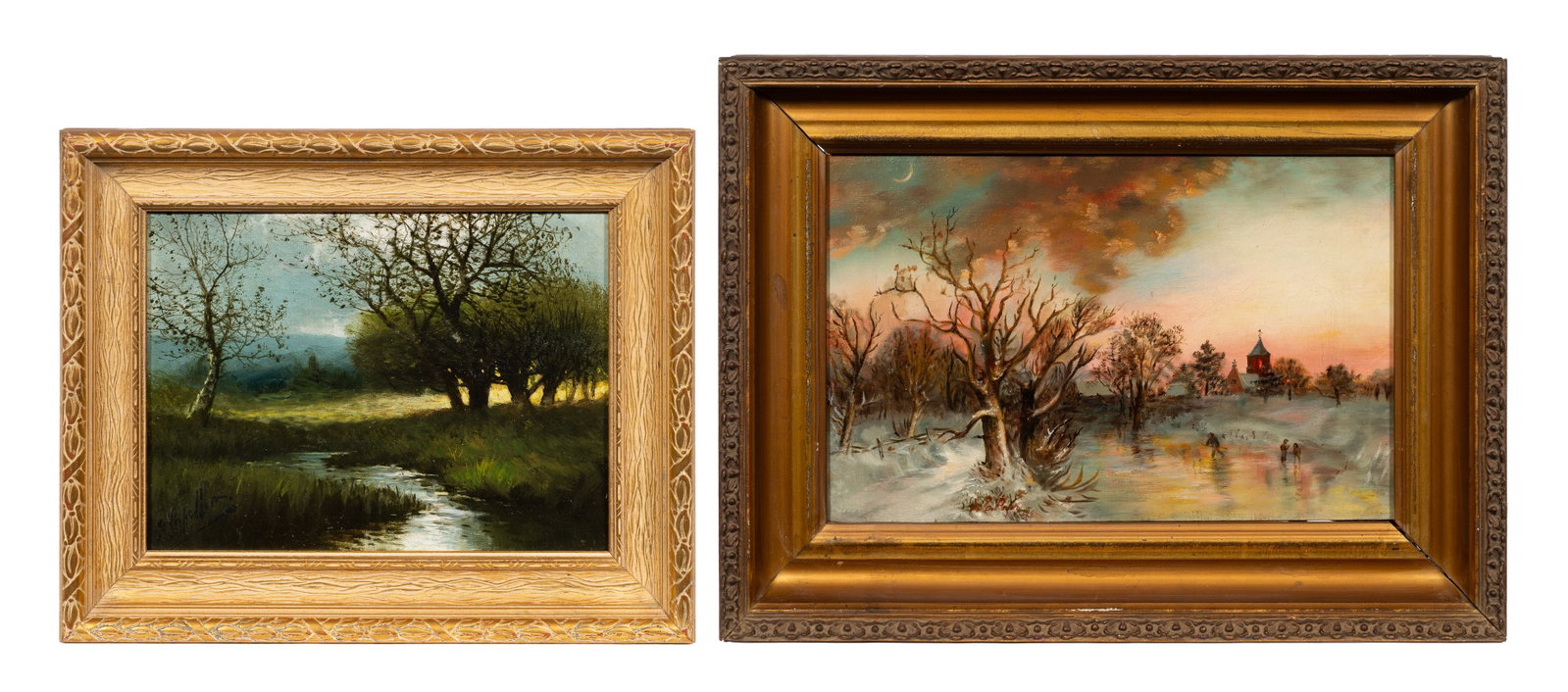 Lot of Two Antique Landscape Paintings, Signed.: This lot contains two landscape paintings: a 1901 Dutch style winter scene by A. E. Poyer, and a wooded scene with a creek that appears to be signed "A. Scheller". Paperwork/Provenance: N/A Condition: