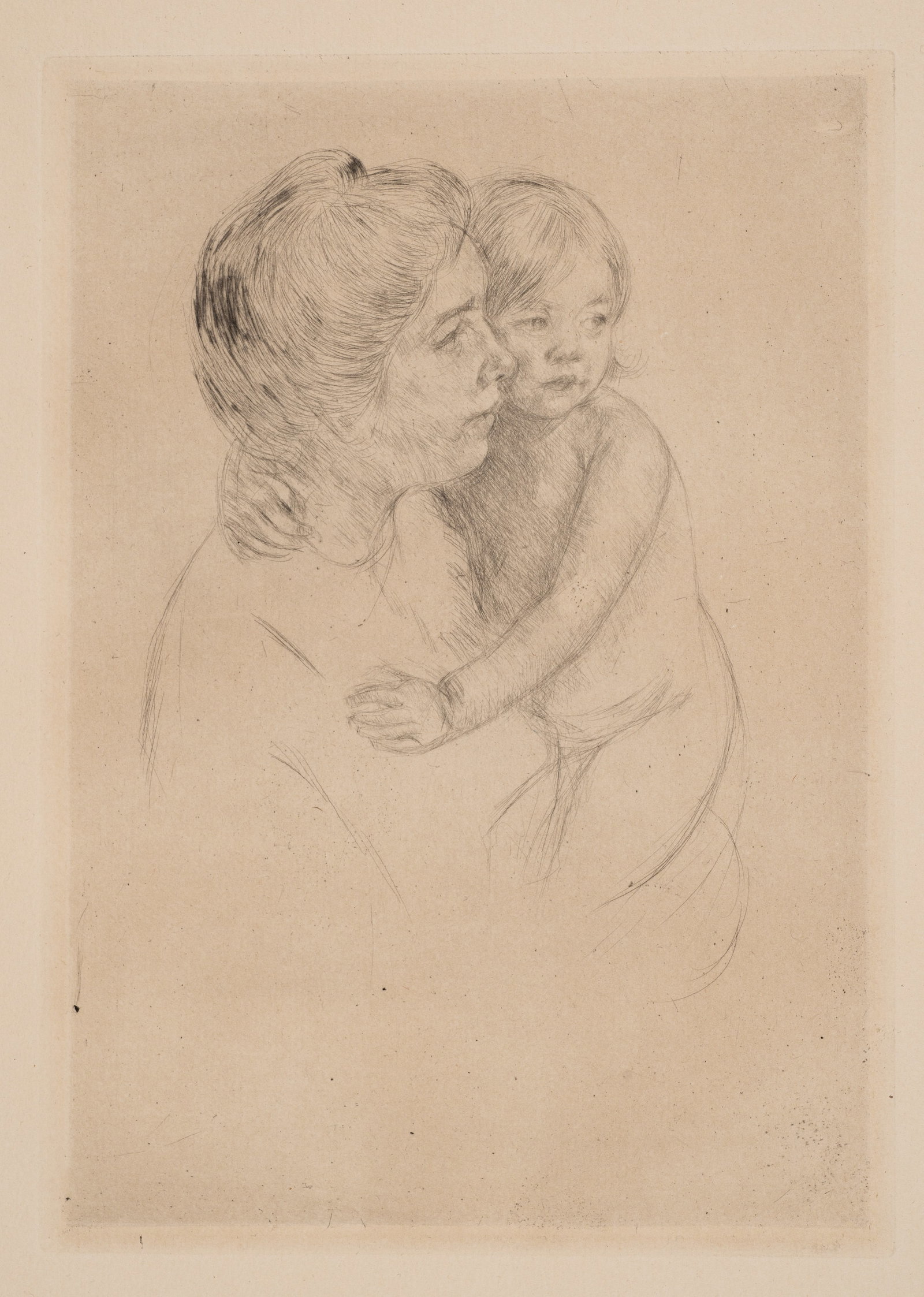 Denise Holding Her Child, Mary Cassatt Etching.: Artist(s): Mary Cassatt (American, 1844-1926). "Denise Holding Her Child", Breeskin 204 (literature). Medium: Drypoint etching. Signature(s): Unsigned. Paperwork/Provenance: N/A Condition: The top of 