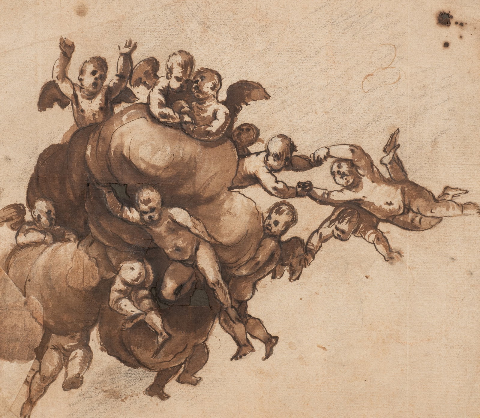 Putti in the Clouds, Genoese School Drawing.: Artist(s): Unknown, ca. 17th-18th Century. Medium: Pen and brown ink. Signature(s): Unsigned. Paperwork/Provenance: N/A Condition: The lower corner has been mended, there is fallout present to the