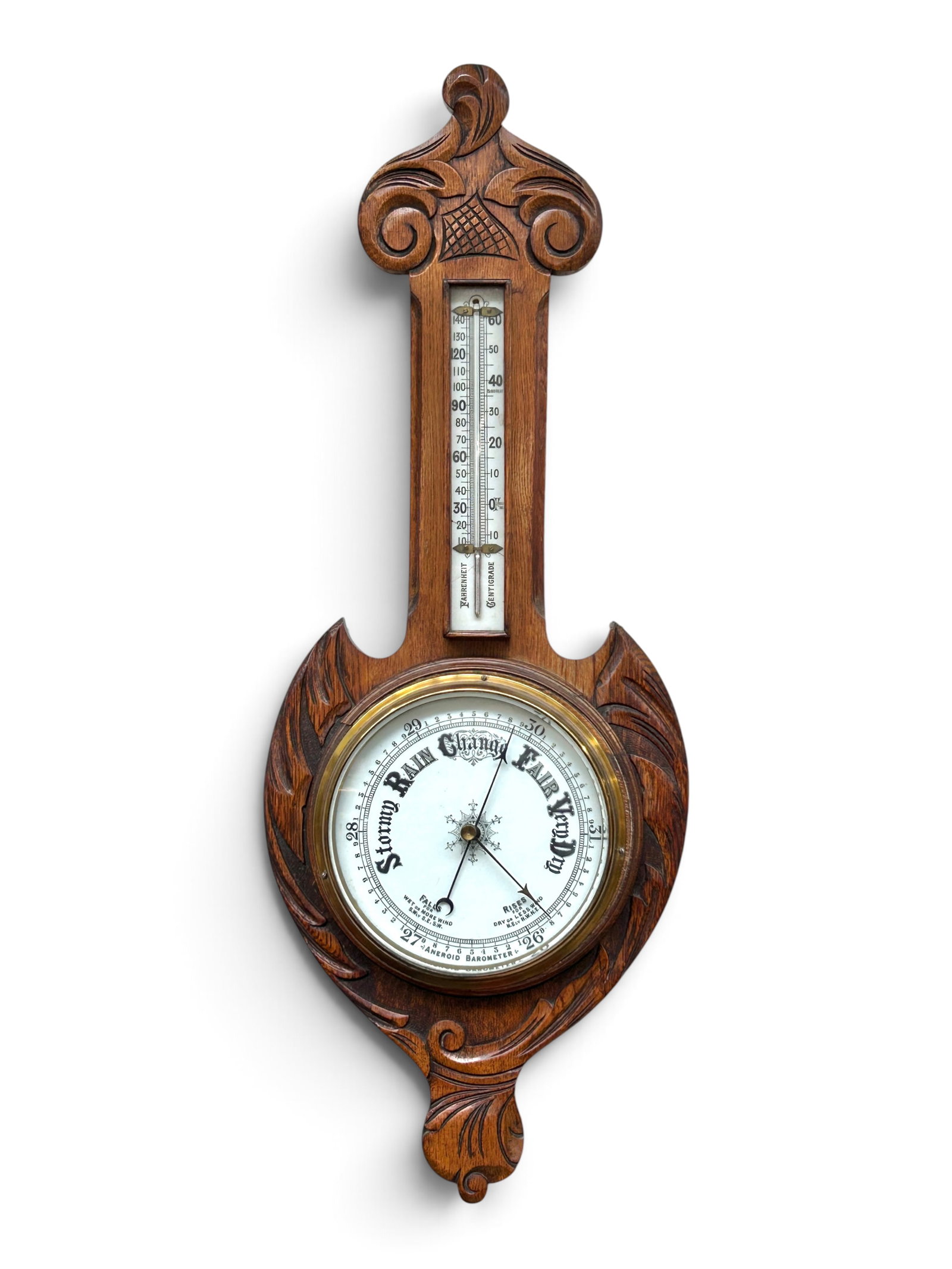 Antique English Aneroid Barometer Thermometer. (1 of 7)