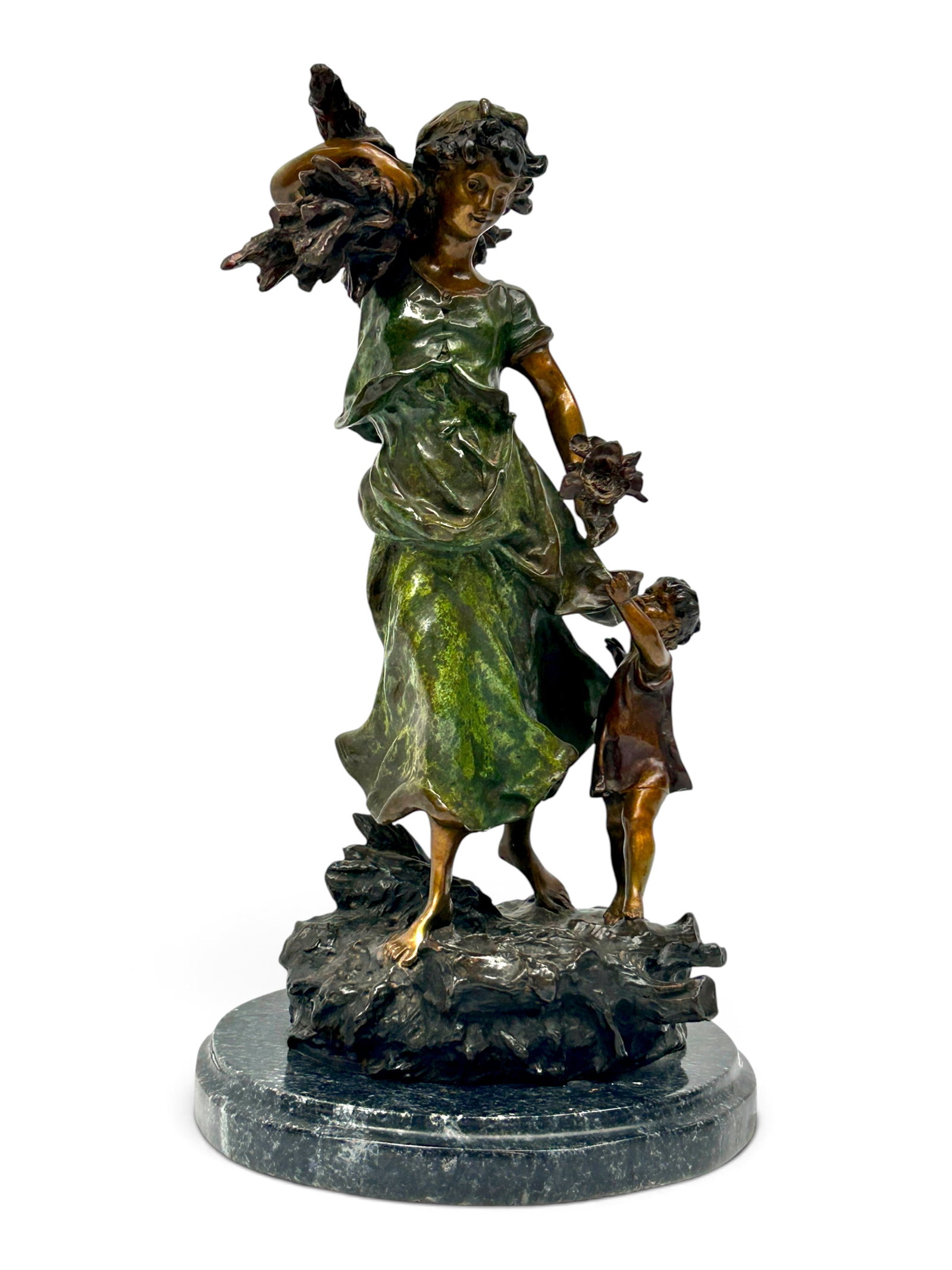20" Bronze of Woman and Child, After Moreau.: It bears the signature, "Hipo. Moreau". Overall, this piece looks to be in good condition. It measures 11" x 11 x 20". Third-party shipping or personal pickup is required. Please check the "self