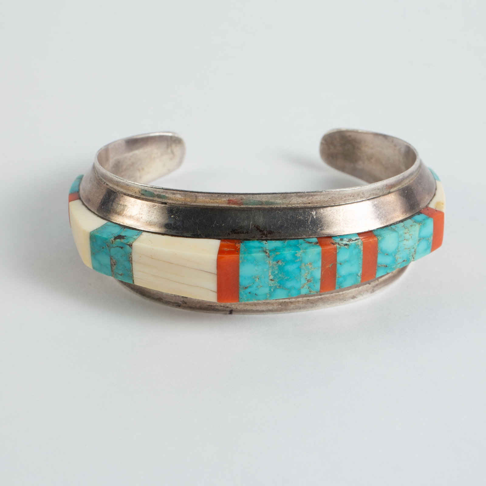 Navajo Sterling Cuff Bracelet w/ Turquoise, Coral. (1 of 4)