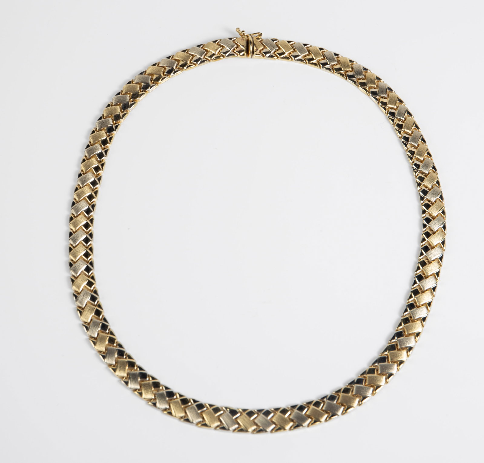 14K Two Tone Gold Necklace.: The piece is marked 14K / MB / Turkey on the clasp. It measures 16" long and 8mm wide. It weighs 17.7 Pennyweight, or 27.5 Grams. There may be a few scratches on the piece. Otherwise, it is in overall
