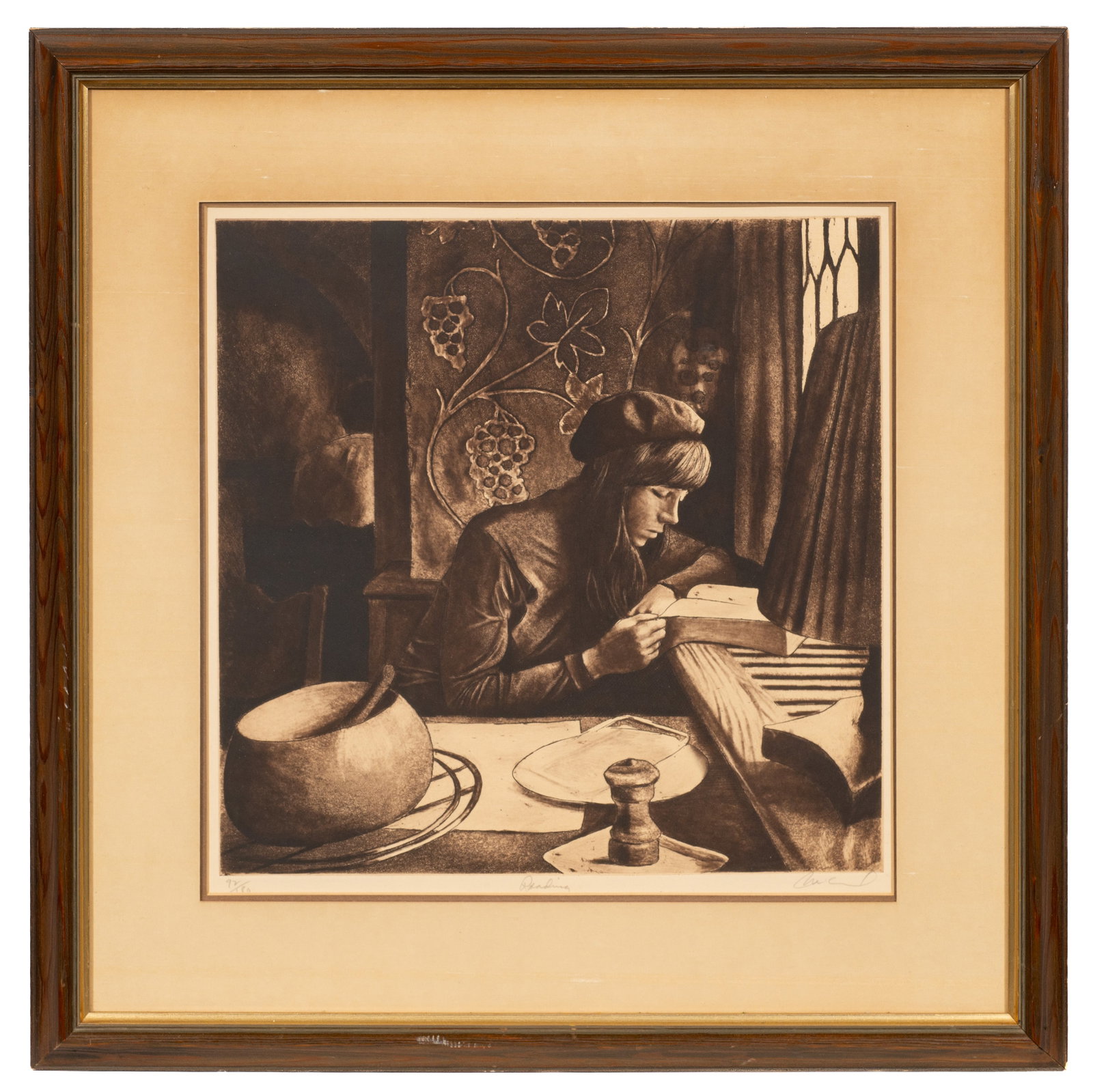 "Reading", Harry McCormick Framed Etching.: Artist(s): Harry McCormick (American, b. 1942). Medium: Aquatint etching. Signature(s): Pencil signed, titled, and numbered (92/180) in its lower margin. Paperwork/Provenance: N/A Condition: No visibl