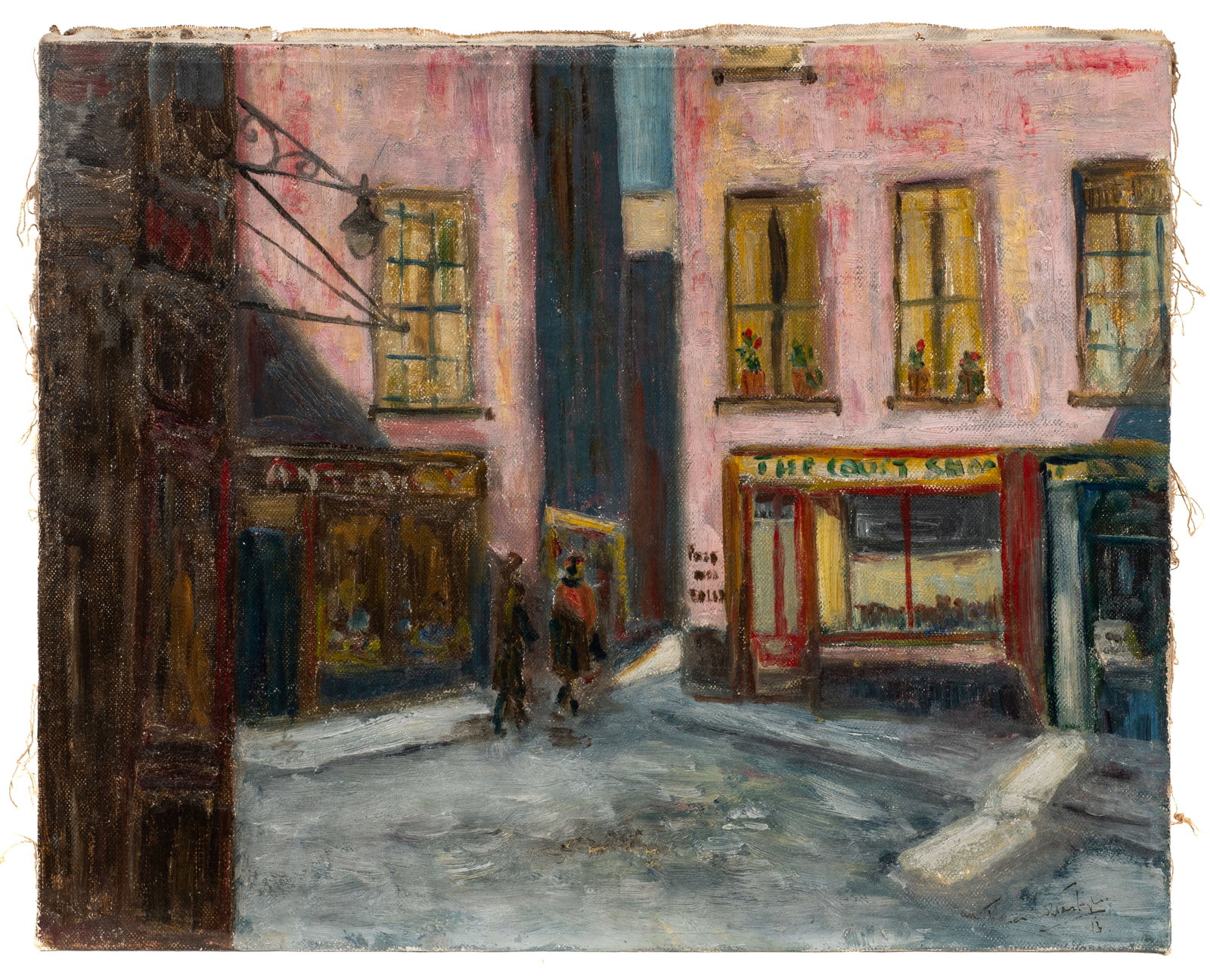 French Impressionist Street Scene, Signed.: Artist(s): Unknown, 19th/20th century. Medium: Oil painting on canvas. Signature(s): Signed illegibly, lower right. Dated from 1913. Paperwork/Provenance: N/A Condition: Unframed. The piece has surfac