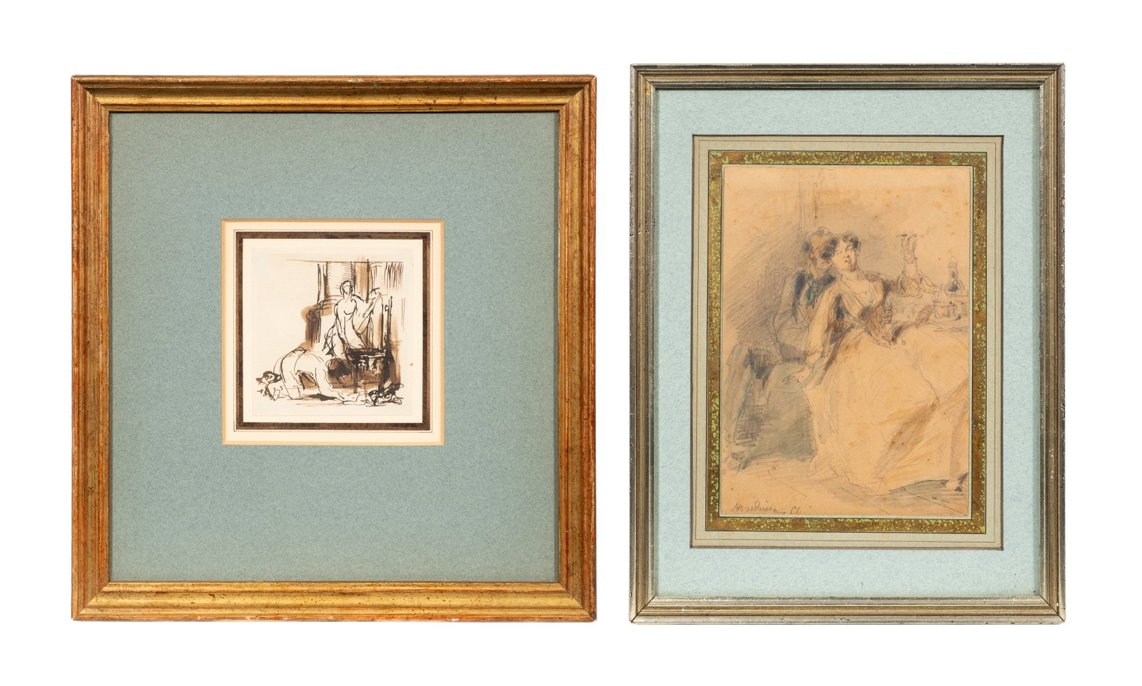 Lot of Two 19th Century Sketches - Wilkie, etc.: This lot contains two 19th century sketches: a pen and ink study for "Roman Princess Washing the Feet of Pilgrims" by Sir David WIlkie (Scottish, 1785-1841), and a graphite and watercolor sketch of a
