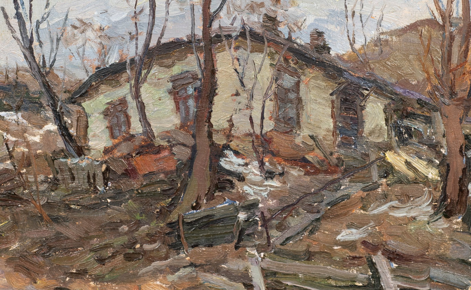 Impressionist Farmscape Painting, Edouard Franke.: Artist(s): Edouard Franke (American, 19th/20th Century). Medium: Oil painting on board. Signature(s): En verso. Paperwork/Provenance: N/A Condition: Surface grime and tack holes to the corners of the
