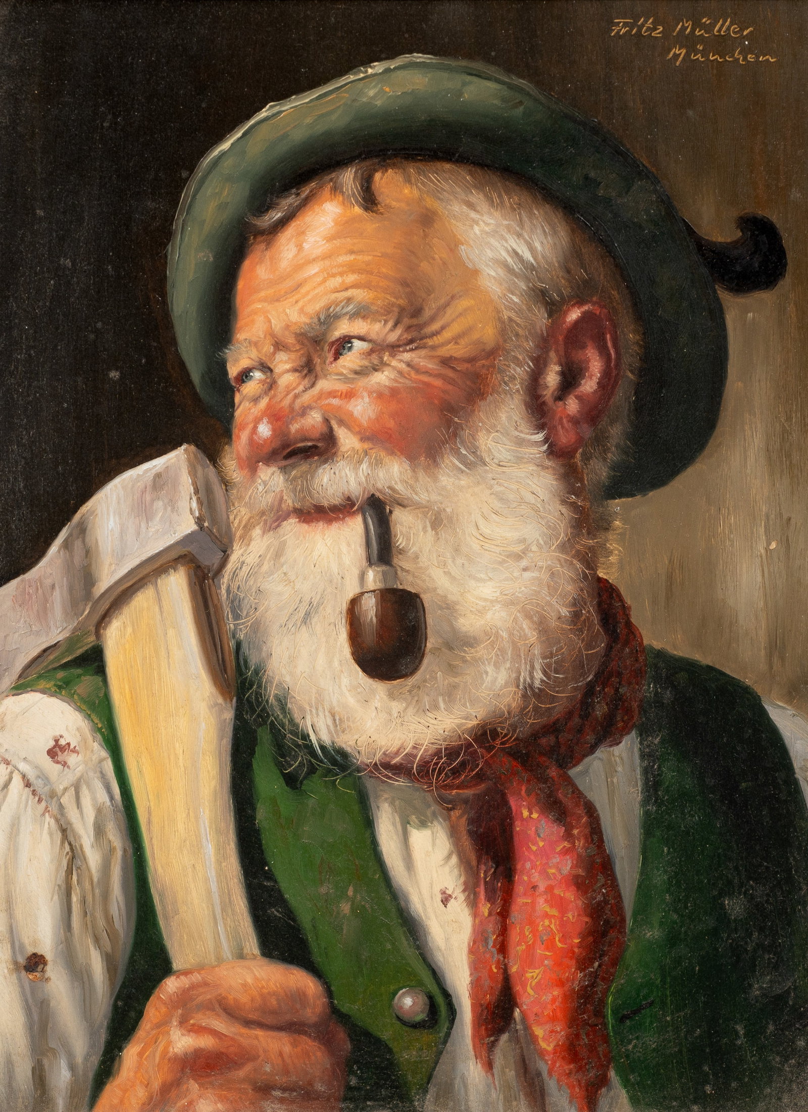 Portrait of a Woodcutter, Fritz Muller.: Artist(s): Fritz Muller (German, 1913-1972). Medium: Oil painting on masonite. Signature(s): Upper right. Paperwork/Provenance: N/A Condition: Signs of surface grime, most notably to the mans
