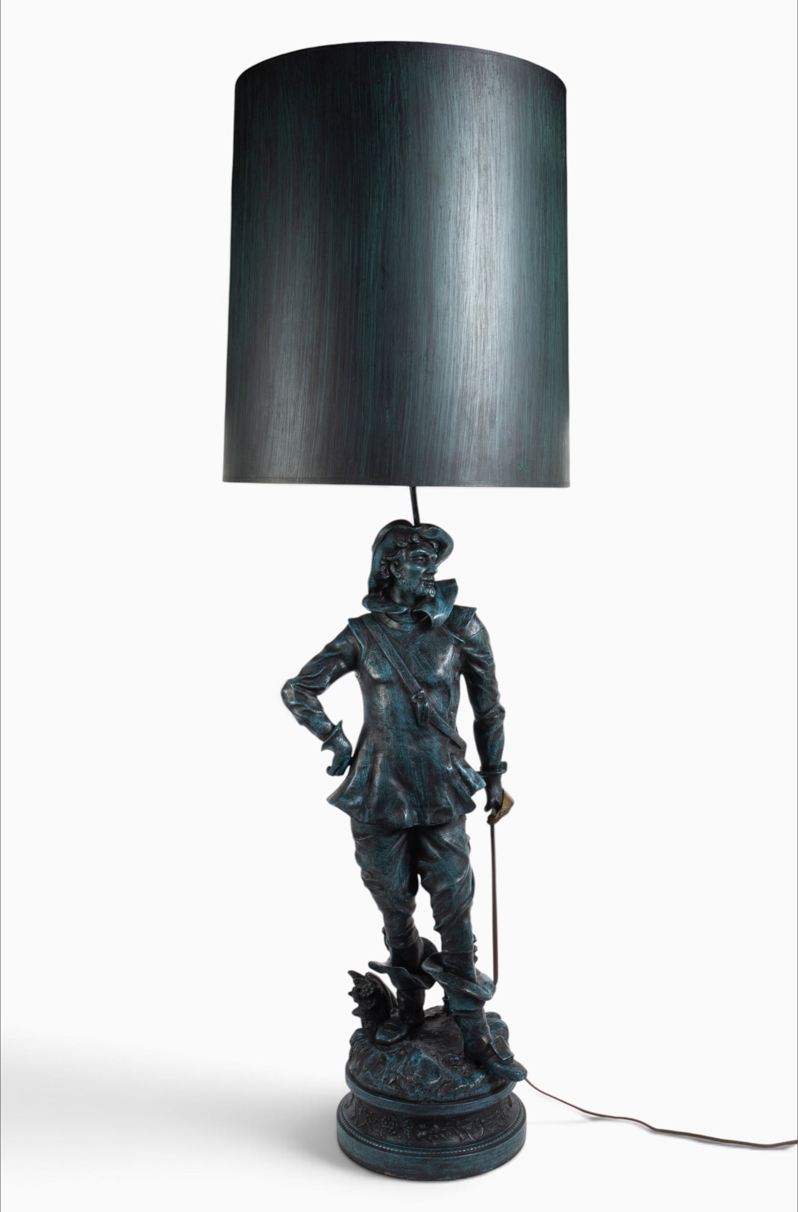 Lg. Bronze ? Figural Lamp Featuring Le Bretteur.: The lamp has a metal very heavy base depicting the sculpture "Le Bretteur" by Edouard Drouot. It is marked Le? Moreau by the figure's forward foot. It is not a bronze color, but it is so incredibly he