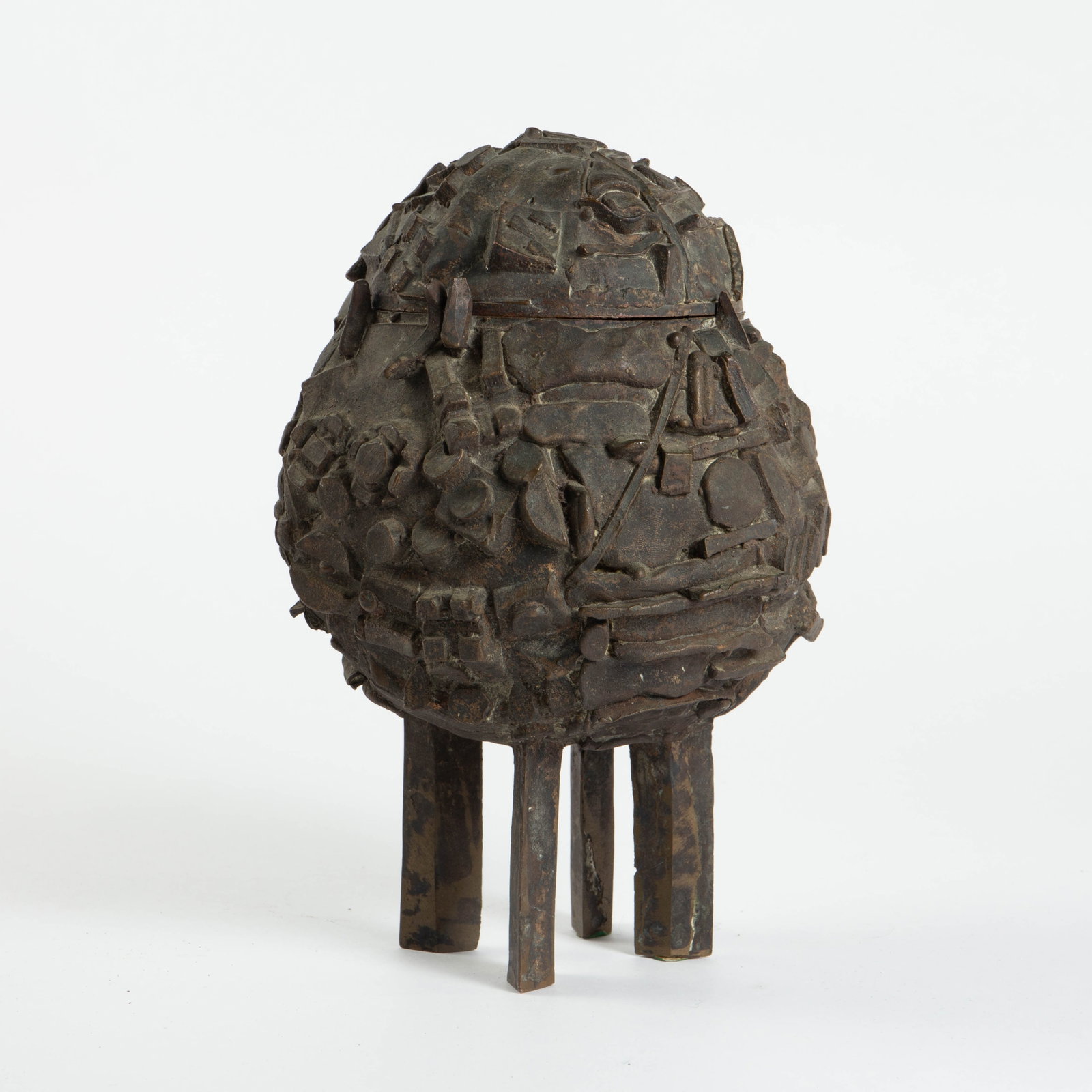 Bronze Brutalist Sculptural Vessel, W. Underhill.: The vintage bronze sculpture vessel was made by William Underhill (American, 1933-2022) in 1965. It is signed W. Underhill 65 by one of the 4 legs. The heavy piece has a removable lid. It measures 10 