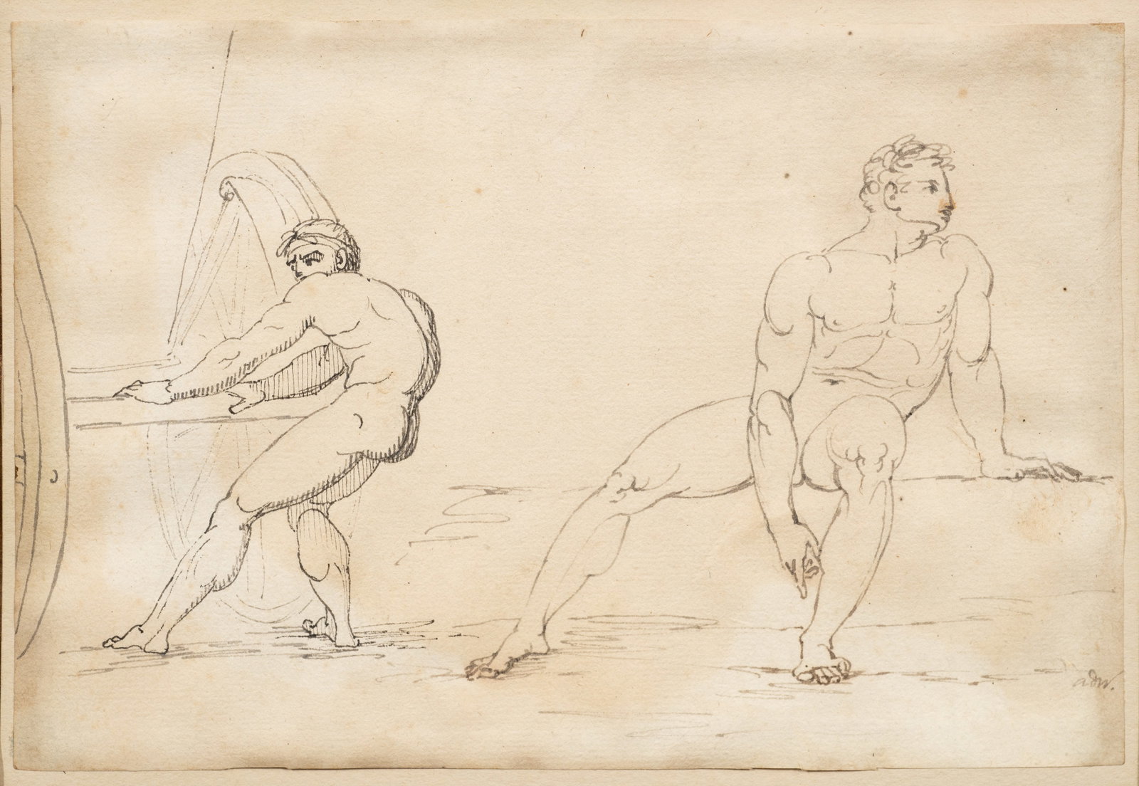 18th Century Neoclassical Nude Sketch, John Deare.: Artist(s): John Deare (English, 1759-1798). Medium: Pen and ink on paper. Signature(s): Illegible initials, lower right. Paperwork/Provenance: En verso is a label from Charles Frank & Company's The Dr
