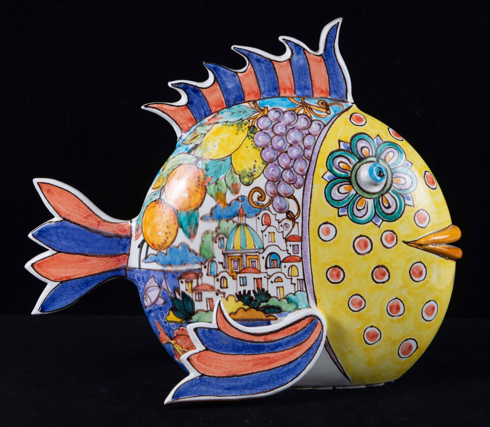 Painted Italian Fish Sculpture, Signed, "Ravello".: It is signed underneath. It is a festive tropical fish. It has a few small chips on the tail, otherwise it is in good overall condition. It comes with an acrylic display flat base stand. Not including