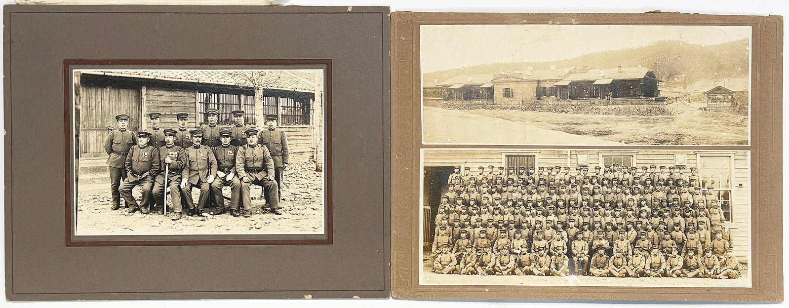 Lot of Two Large Japanese World War Photos.: One of them has a paper covering, which has been partly torn off. This photo of higher ranking military personnel measures 5 1/2" x 8". The other piece has two photos mounted, one of an entire company