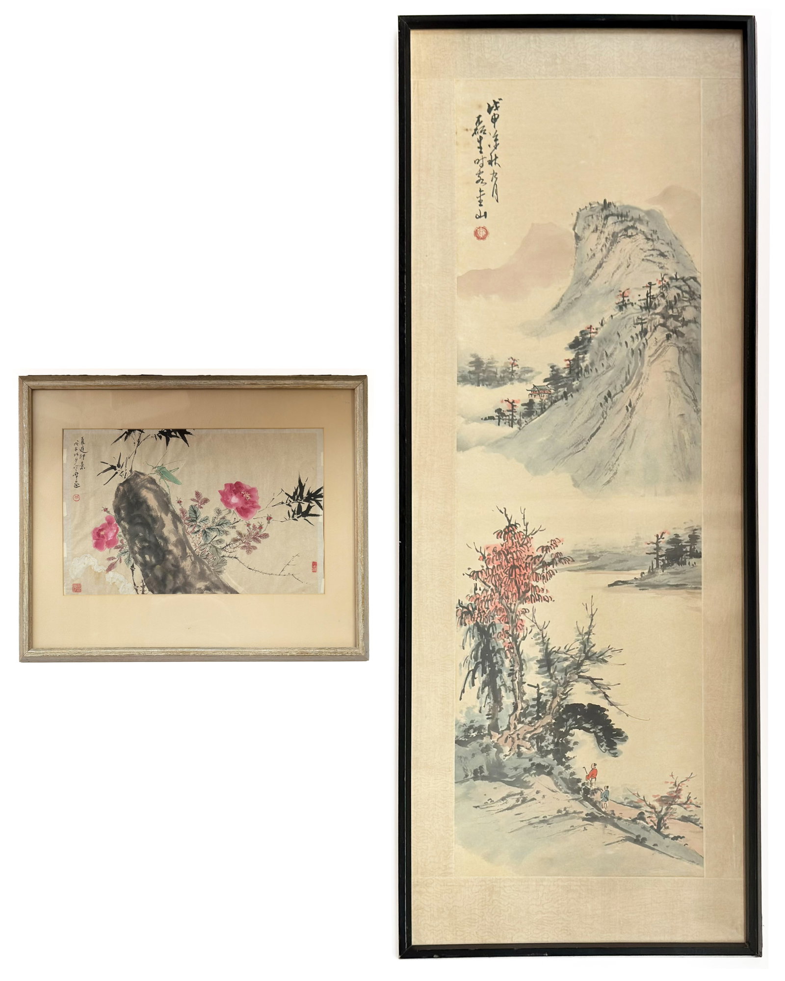 Lot of 2 Framed Chinese Ink & Color on Paper, Sgd.: The lot contains 2 Chinese art pieces. The smallest features a grasshopper in nature, and the larger vertical piece depicts a landscape with a few figures on the bottom section, and a pagoda on the up