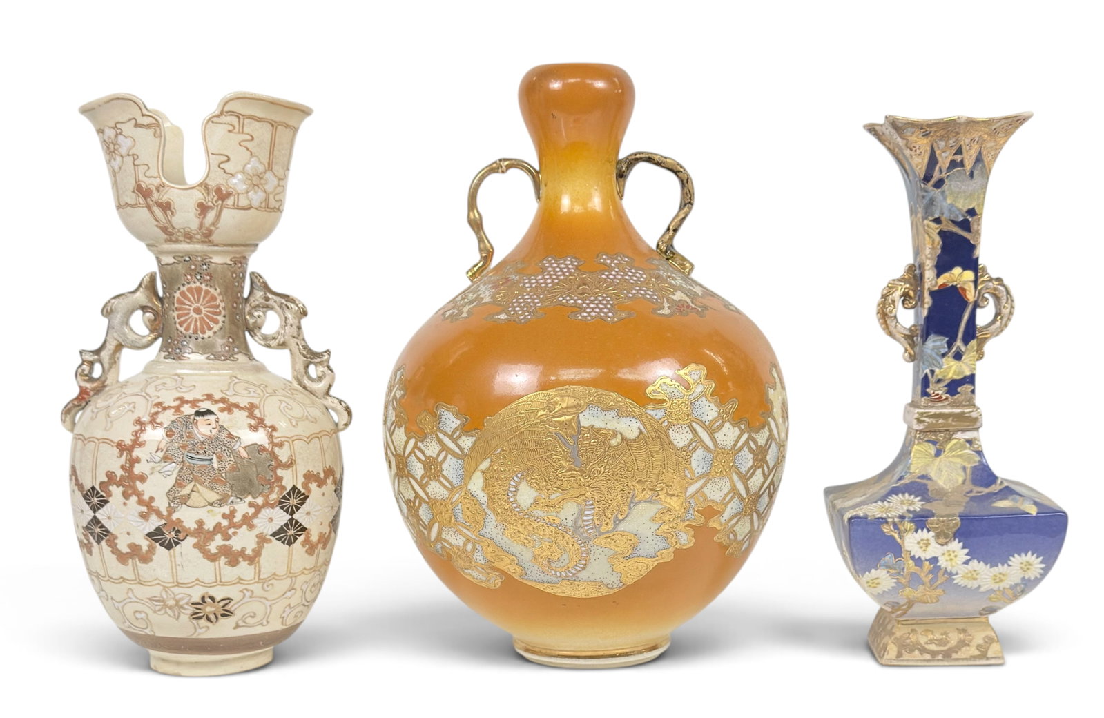 3 Vintage Japanese Vases - Kutani, Satsuma, Etc.: The lot contains 2 vintage vases. The largest orange piece is Kutani, and features 2 gilded pheonix bird medallion-style designs. Next, there is a cream-toned Satsuma piece with a male figure depicted