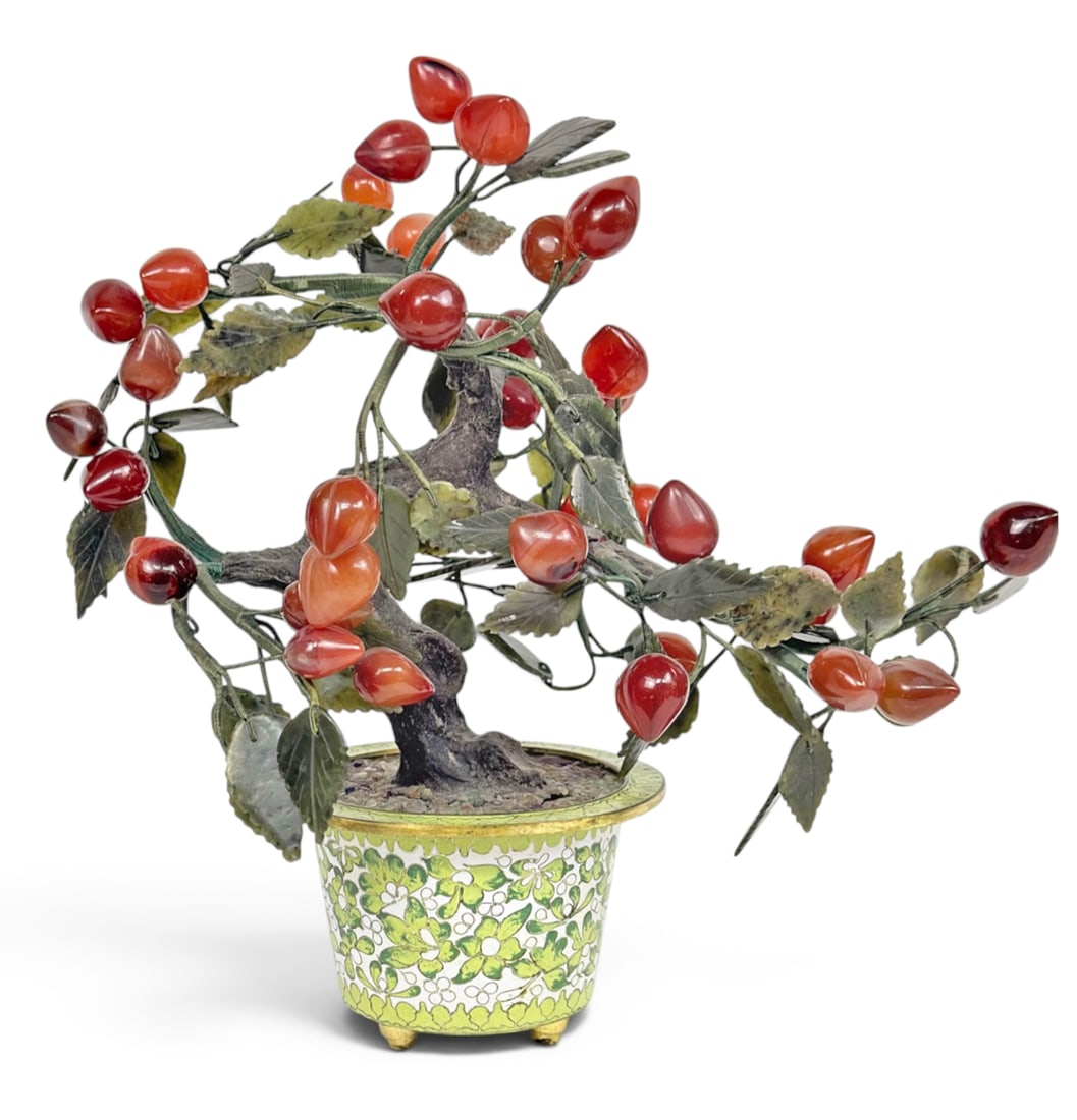 Jade & Red Agate Bonsai Tree in Cloisonne Pot. (1 of 3)