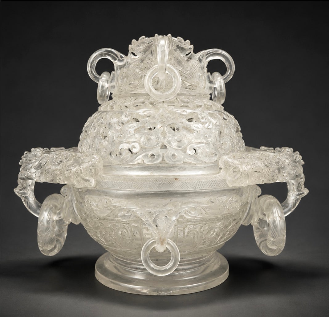 20th Cent. Chinese Ornate Rock Crystal Censer.: The antique censer has dragon figures on the top and on the handles. It also has pierced sections on the lid, and hanging rings throughout. It measures 7 7/8" tall, 10 1/4" wide, and 7 3/4" deep.