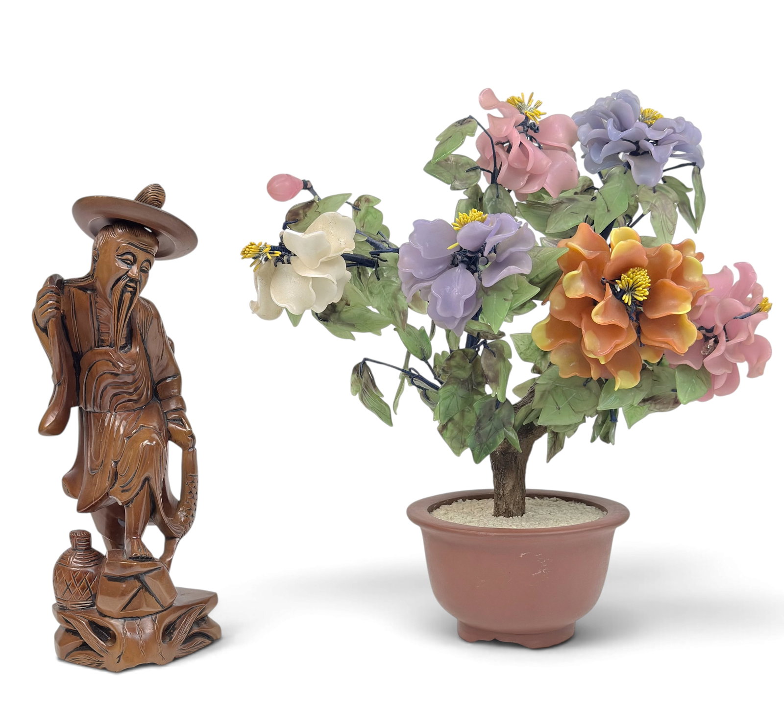 Glass Flower Bonsai Tree & Carved Old Man Figure. (1 of 5)
