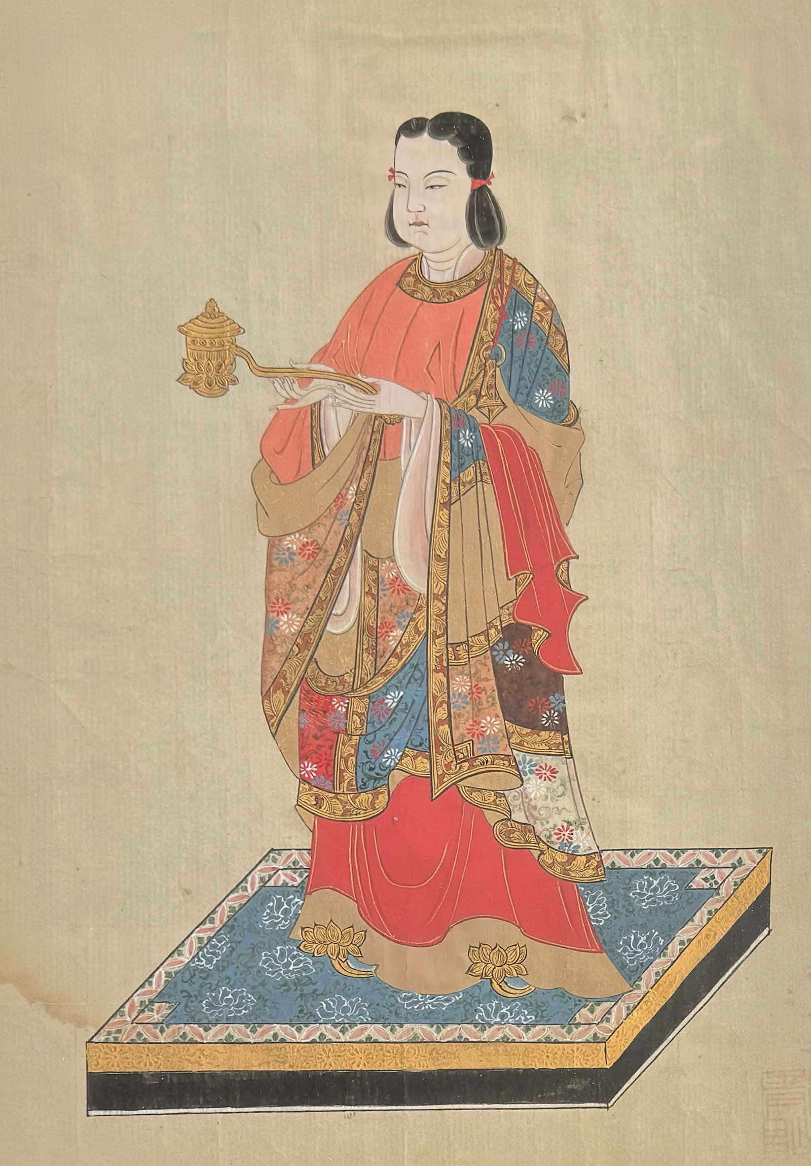 Japanese Buddha Ink, Color & Gold on Paper, Sgd.: The old framed drawing is signed and sealed by Yamashita Seigai (1858-1942) on the backside, but it is dimly visible from the front. The sight size measures 13 1/4" x 9 1/4", and the chrome frame meas